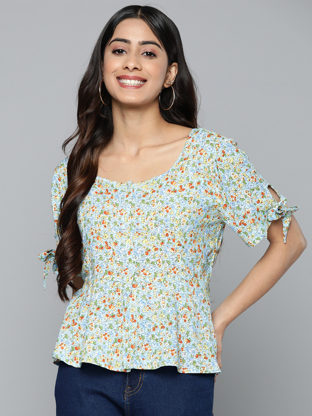 

HERE&NOW Floral Print Sweetheart Neck Peplum Top, Blue