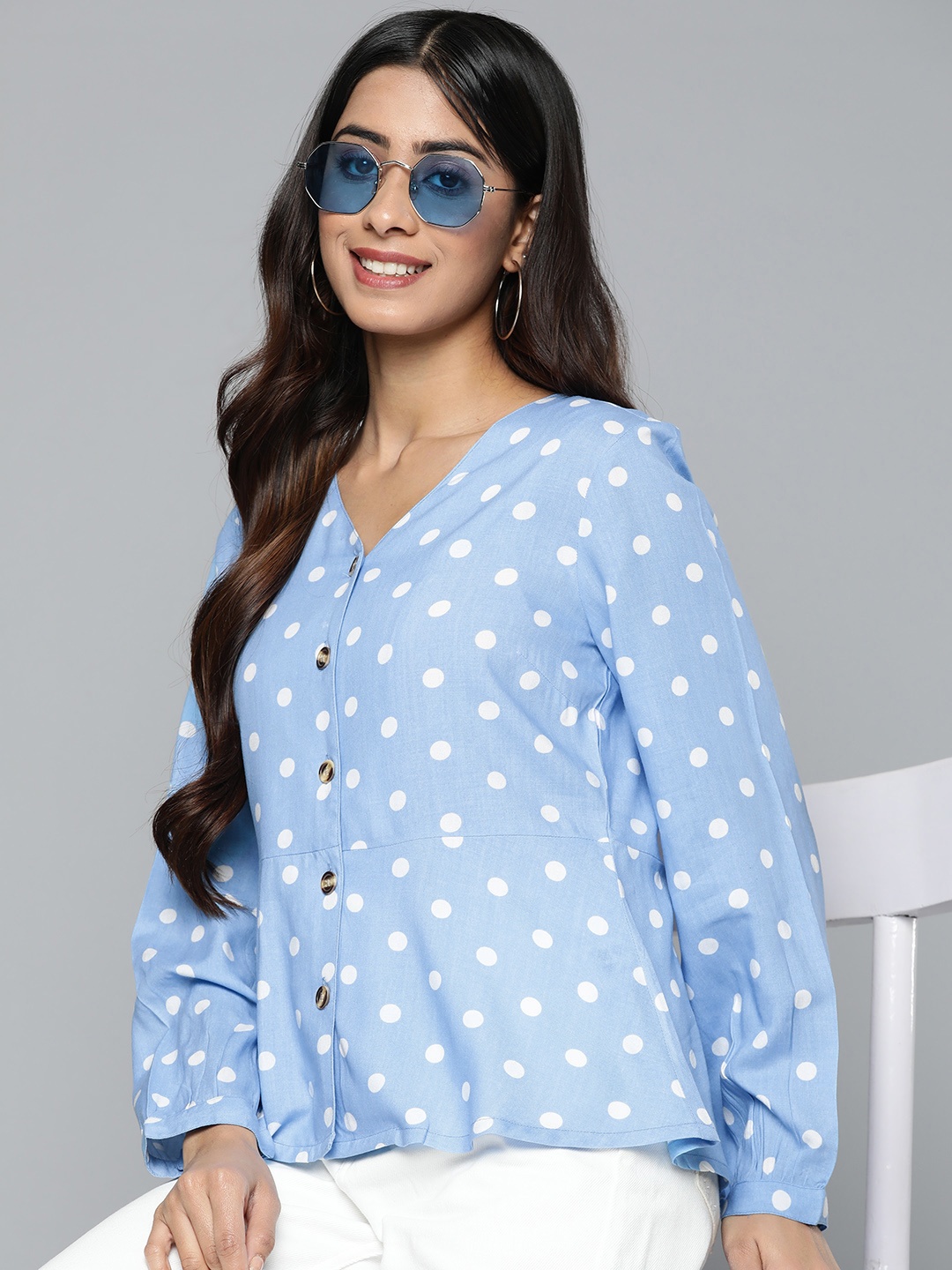 

HERE&NOW Polka Dots Print Shirt Style Top, Blue