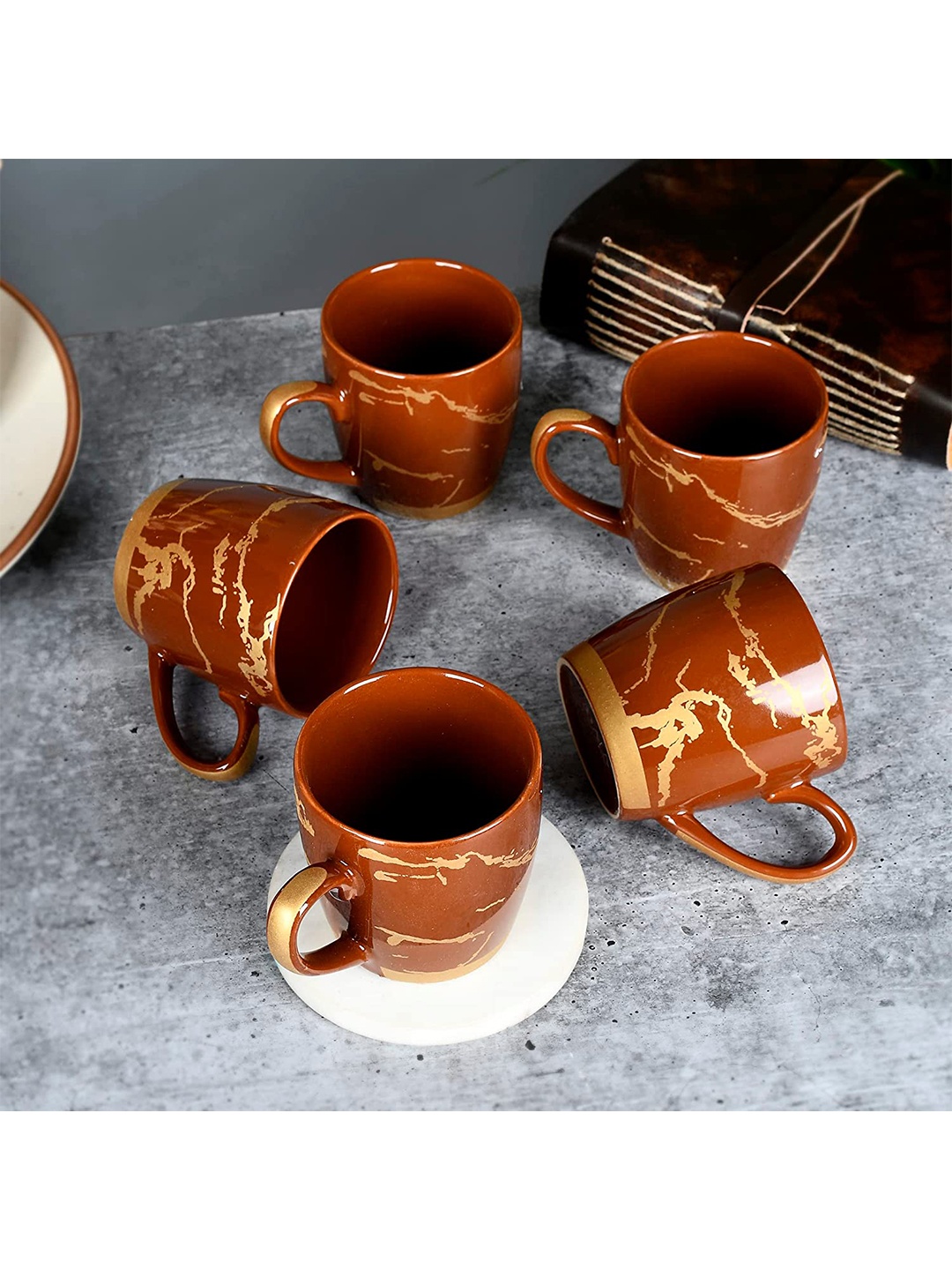 

SkyKey Set of 6 Brown Printed Ceramic Glossy Cups 160 ml Each
