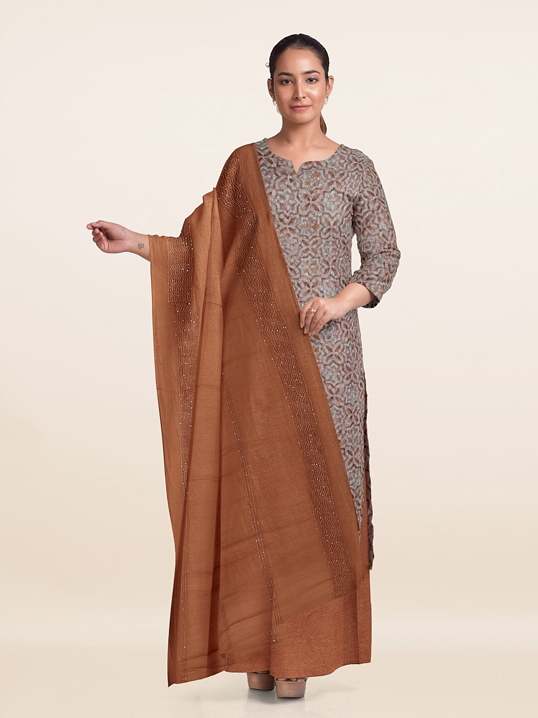

Pothys Floral Printed Unstitched Dress Material, Peach