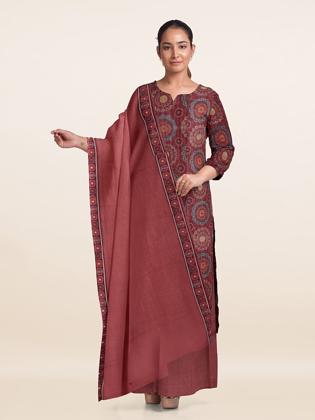 

Pothys Geometric Printed Unstitched Dress Material, Maroon