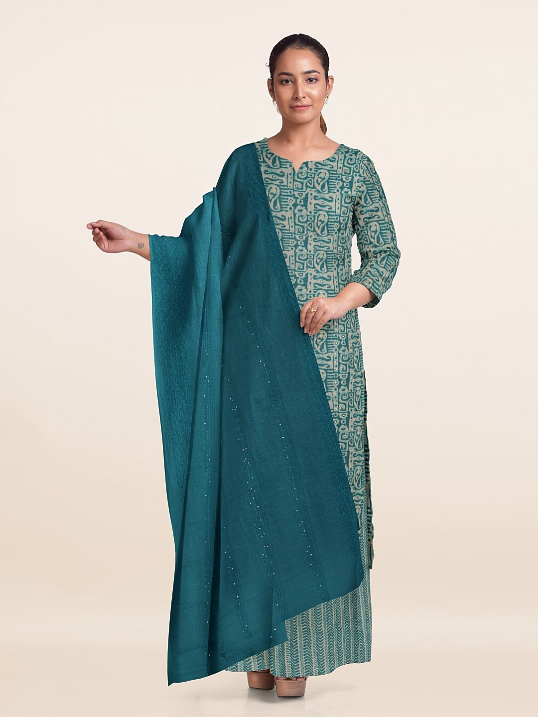 

Pothys Paisley Printed Unstitched Dress Material, Teal