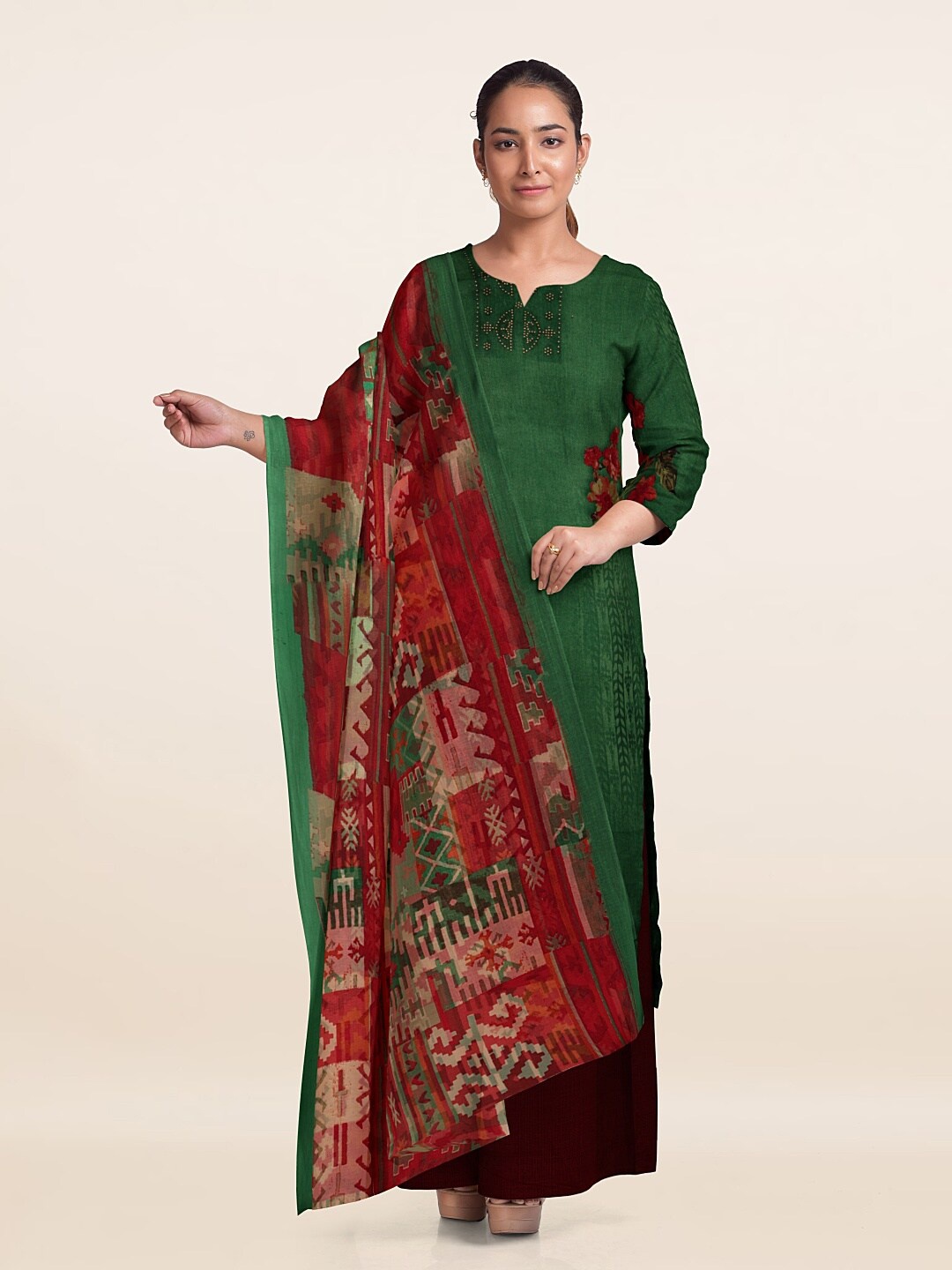 

Pothys Floral Printed Unstitched Dress Material, Green