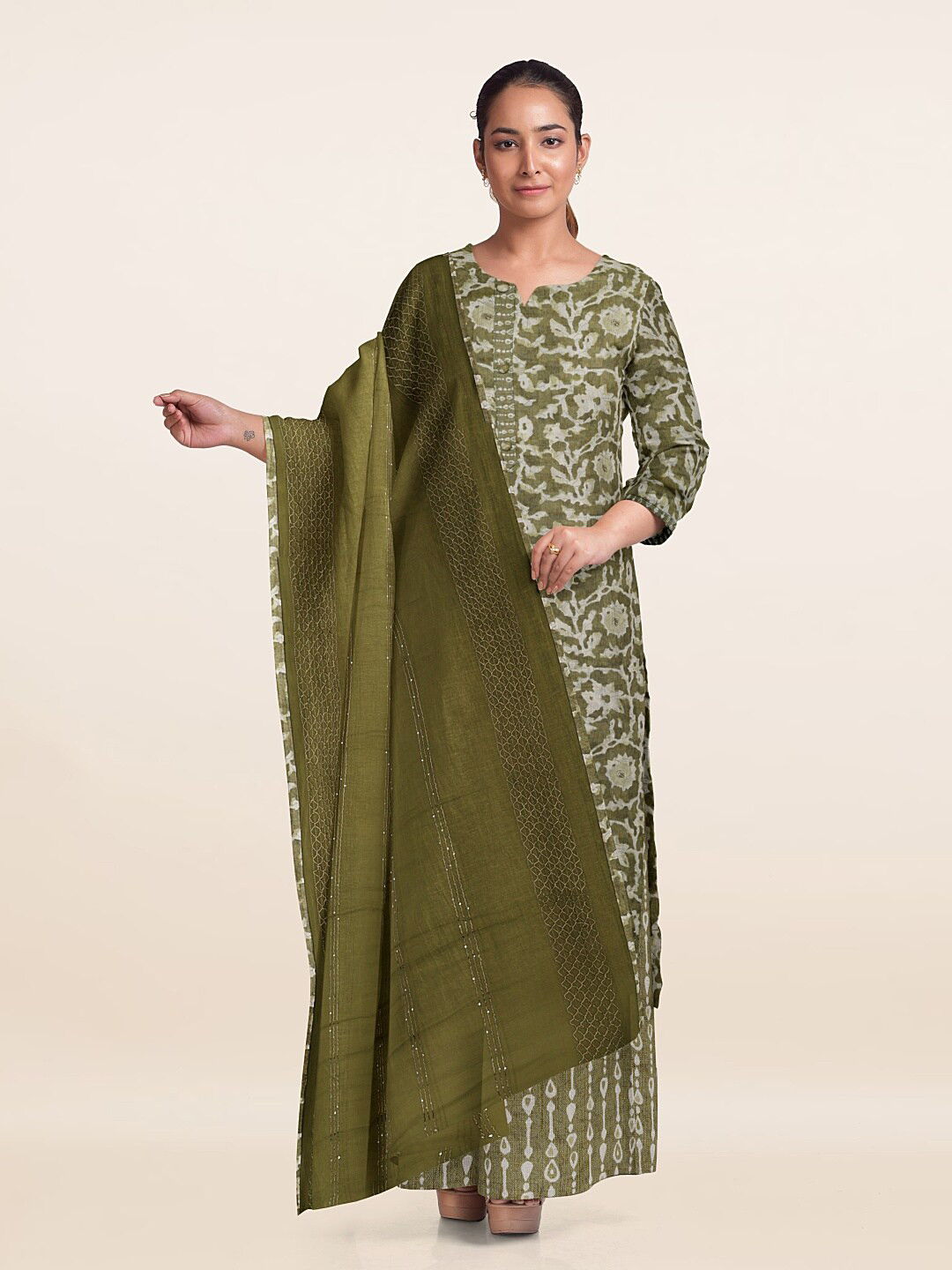 

Pothys Ethnic Motifs Printed Unstitched Dress Material, Green