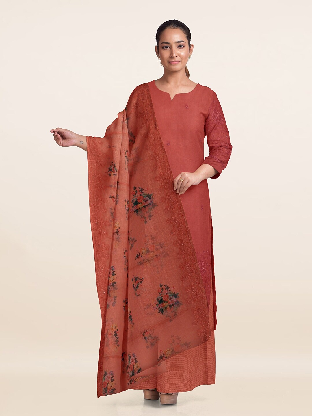 

Pothys Floral Embroidered And Printed Viscose Rayon Unstitched Dress Material, Peach