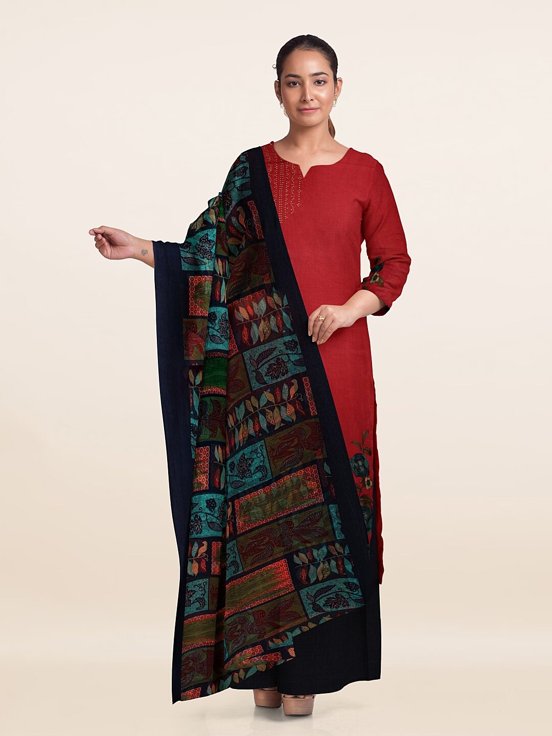 

Pothys Floral Printed Unstitched Dress Material, Red