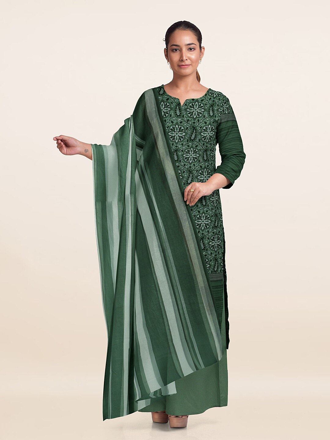 

Pothys Ethnic Printed Unstitched Dress Material, Green