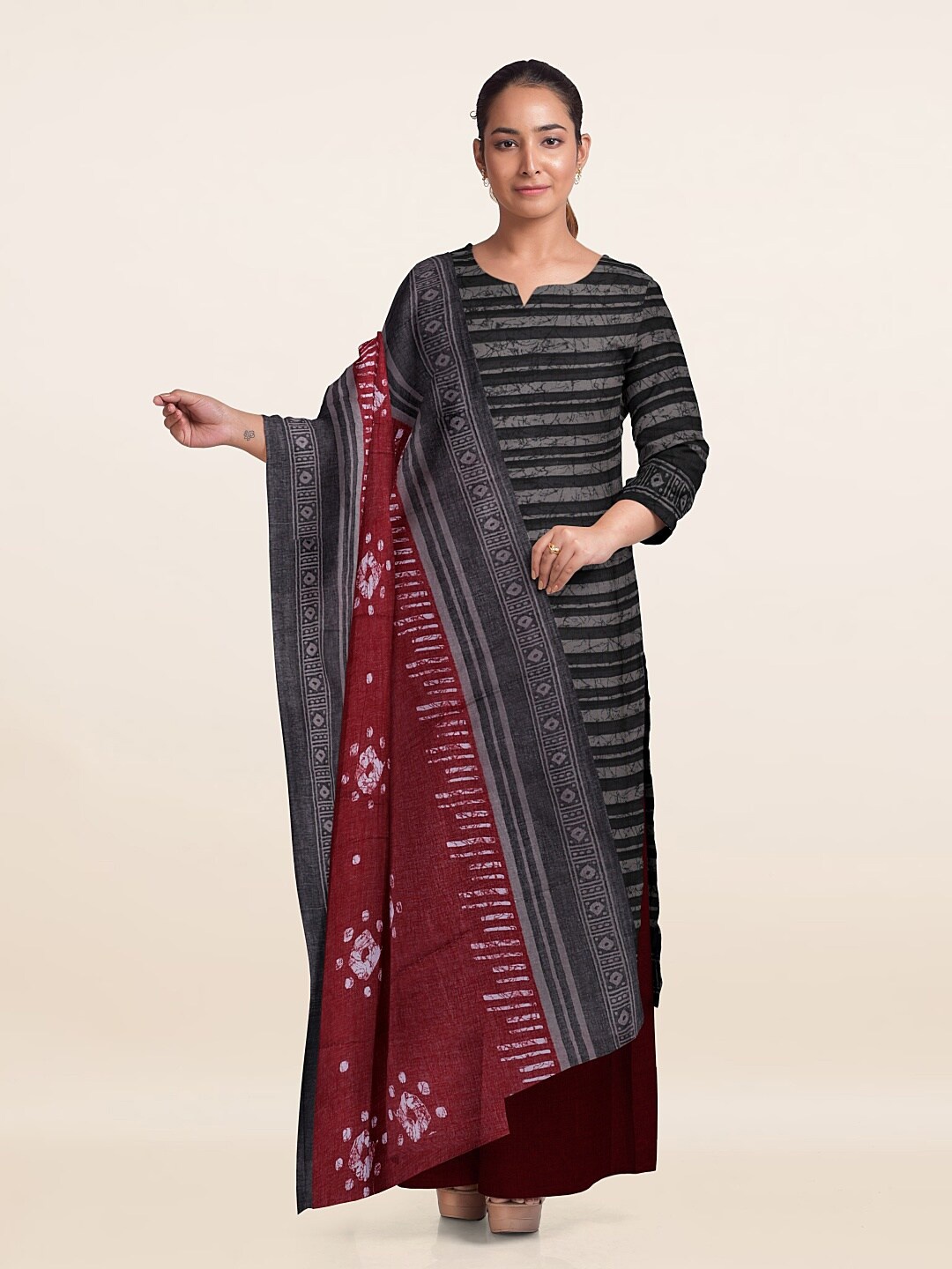 

Pothys Striped Printed Unstitched Dress Material, Grey