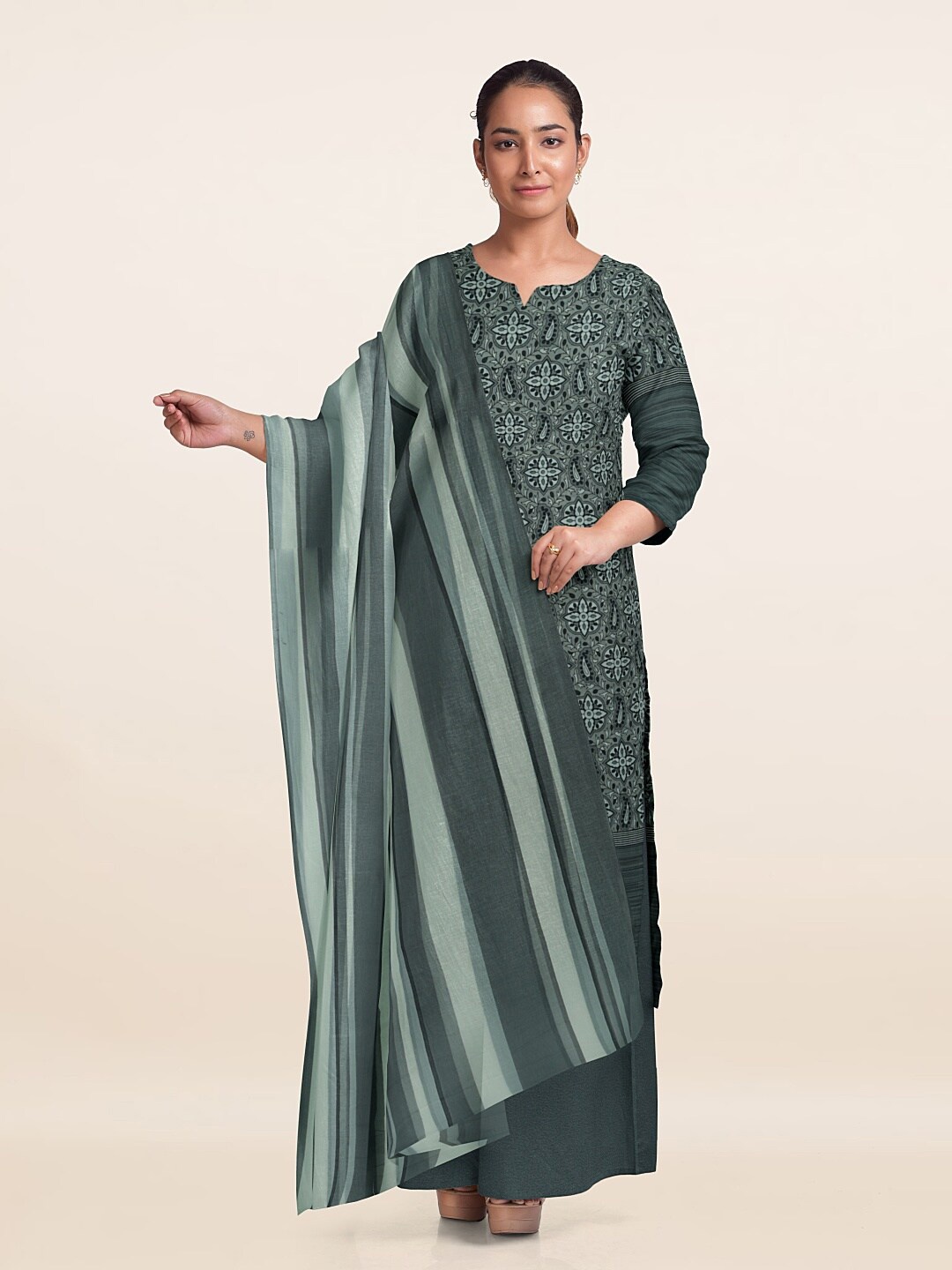 

Pothys Ethnic Motifs Printed Unstitched Dress Material, Olive