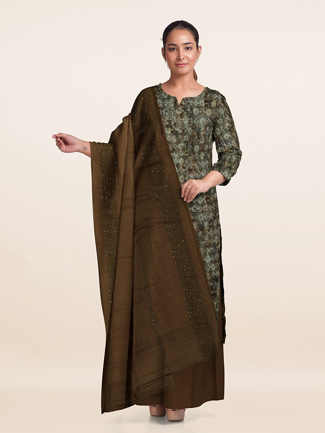 

Pothys Floral Printed Unstitched Dress Material, Olive