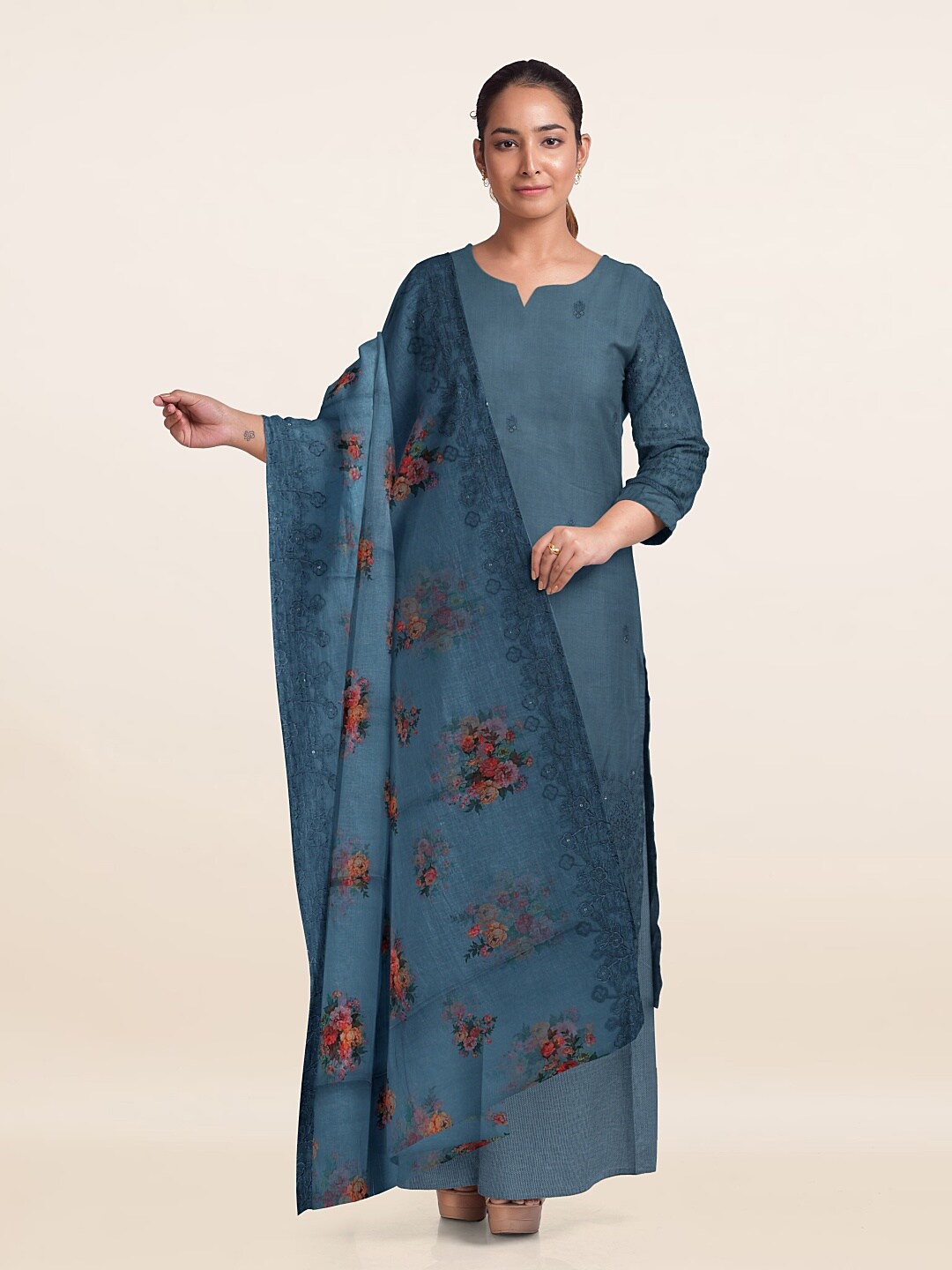 

Pothys Floral Embroidered Unstitched Dress Material, Blue