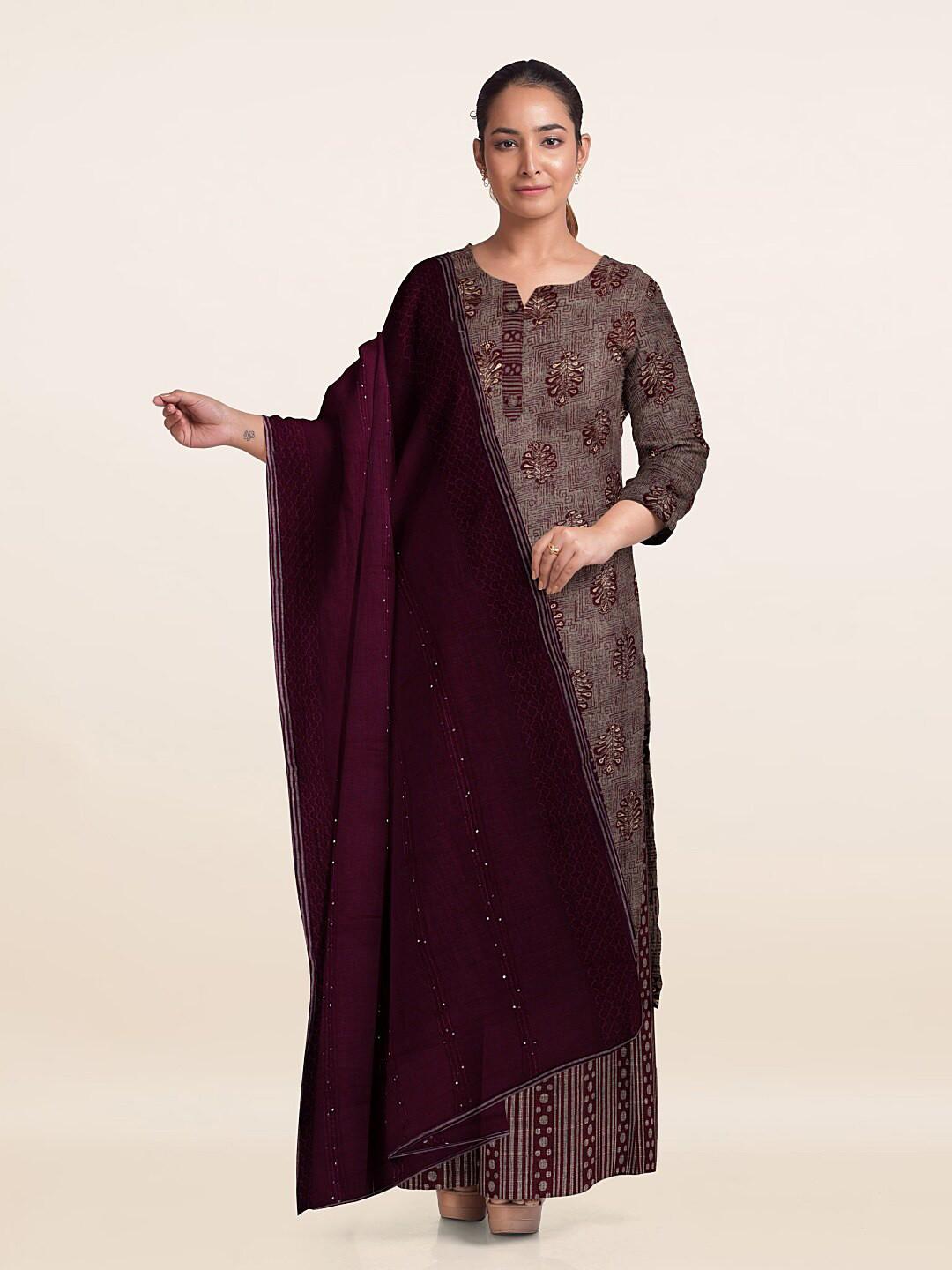 

Pothys Floral Printed Unstitched Dress Material, Maroon