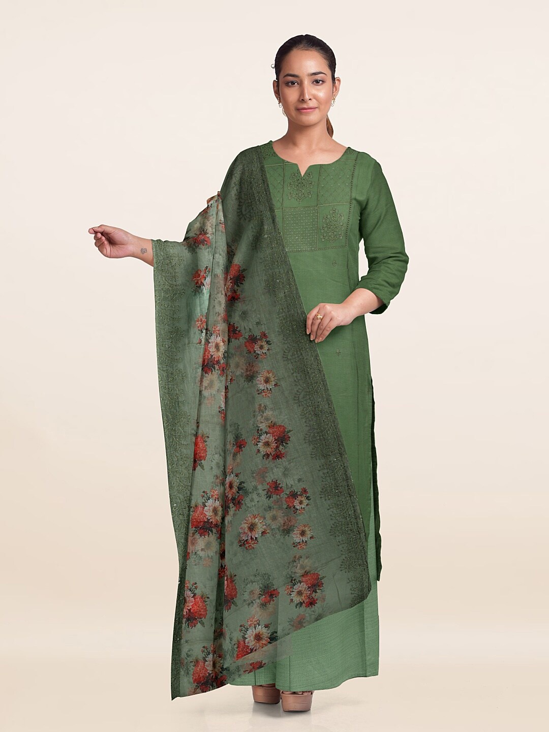 

Pothys Embroidered Unstitched Dress Material, Green