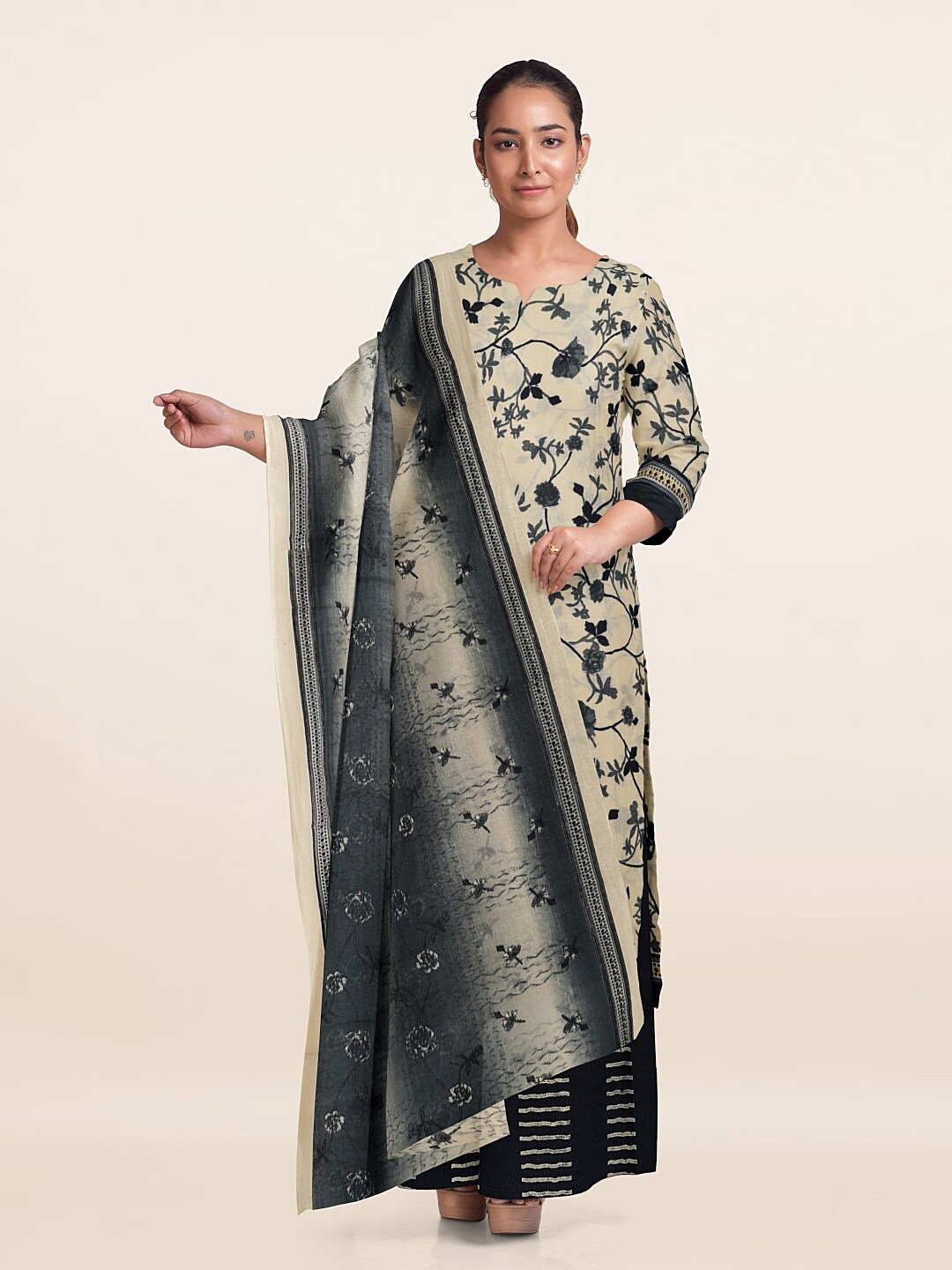 

Pothys Floral Printed Unstitched Dress Material, Cream