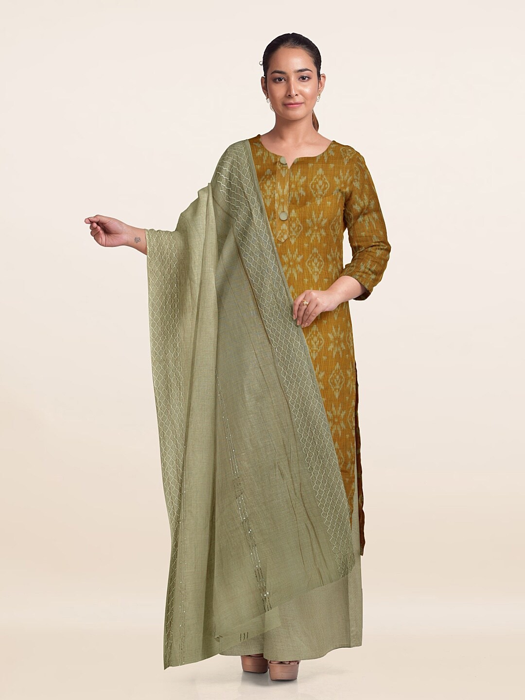 

Pothys Ethnic Motifs Printed Unstitched Dress Material, Mustard