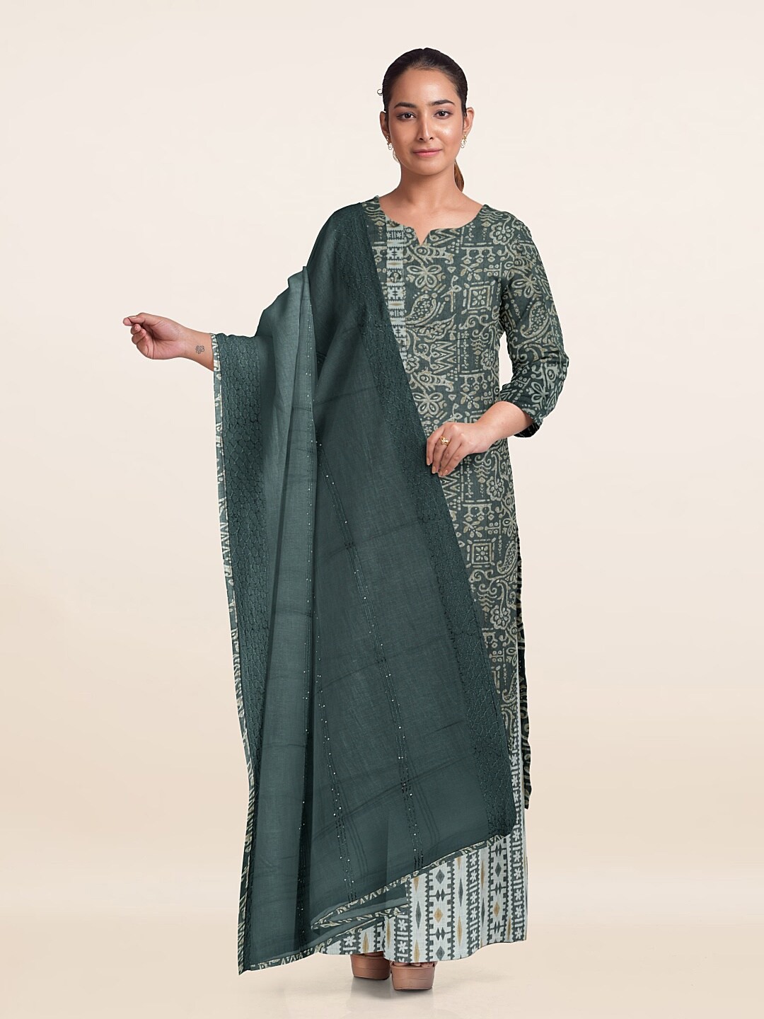 

Pothys Floral Printed Unstitched Dress Material, Green