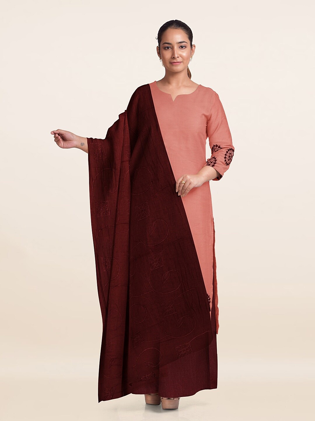 

Pothys Ethnic Motifs Unstitched Dress Material, Peach