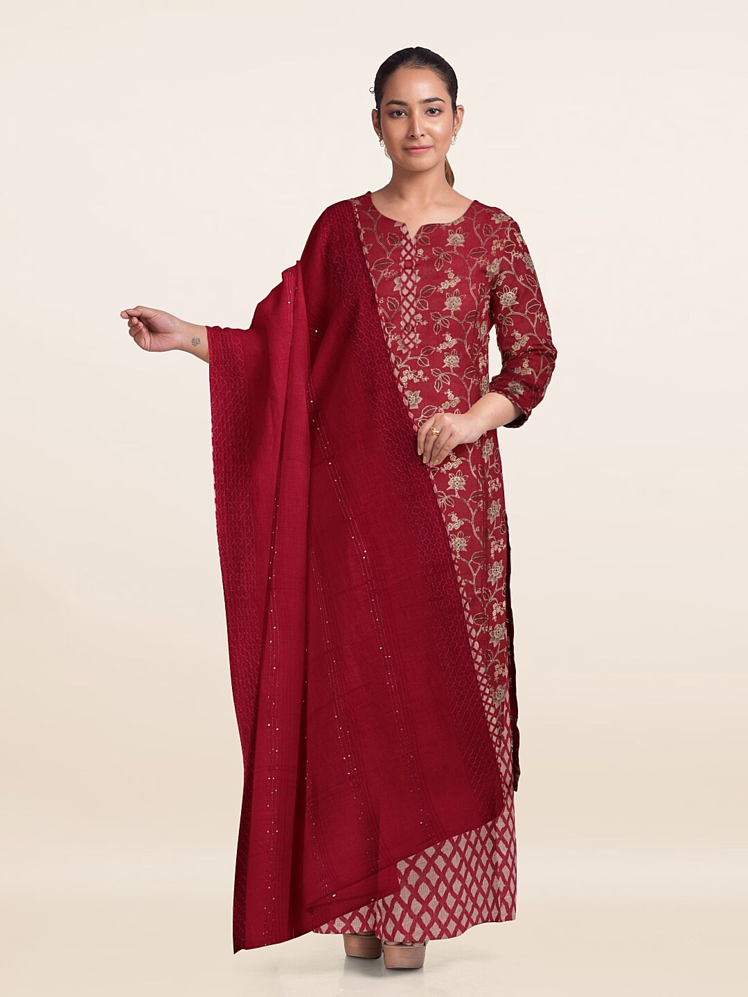 

Pothys Floral Printed Unstitched Dress Material, Red