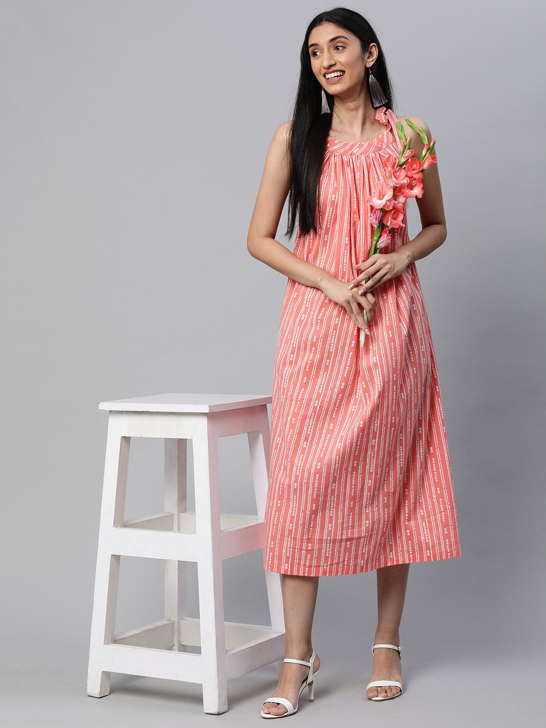 

KAMI KUBI Striped A-Line Midi Dress, Pink