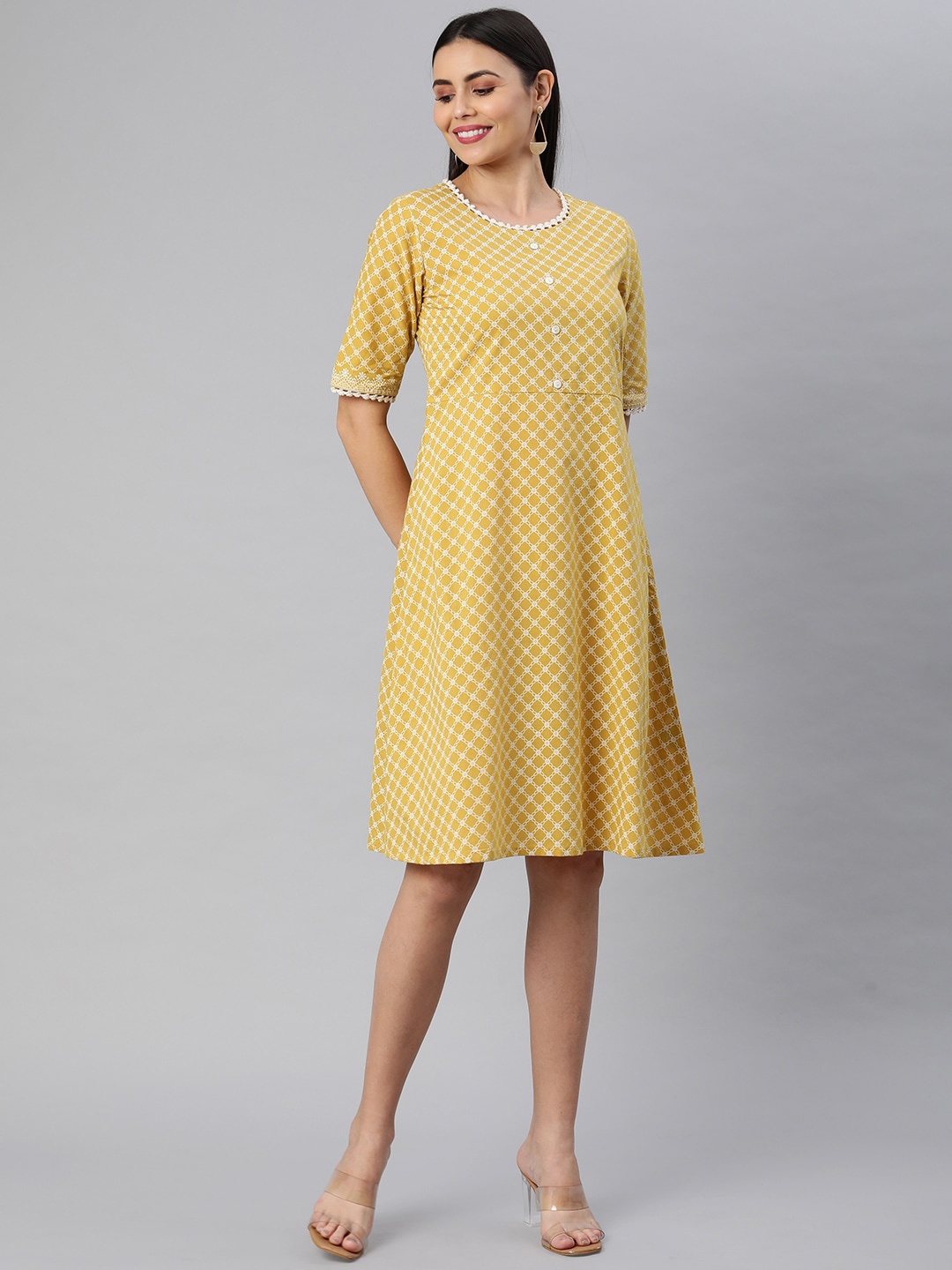 

KAMI KUBI Floral Printed Pure Cotton A-Line Dress, Yellow