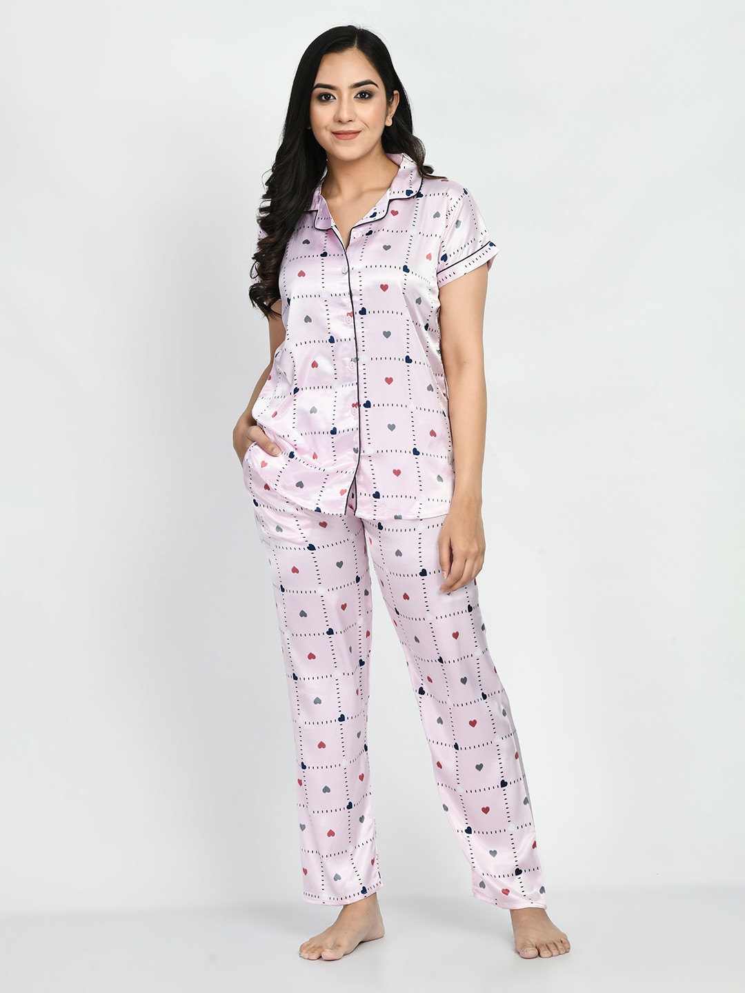 

SP DESIGNS Women Printed Satin Night suit, Pink