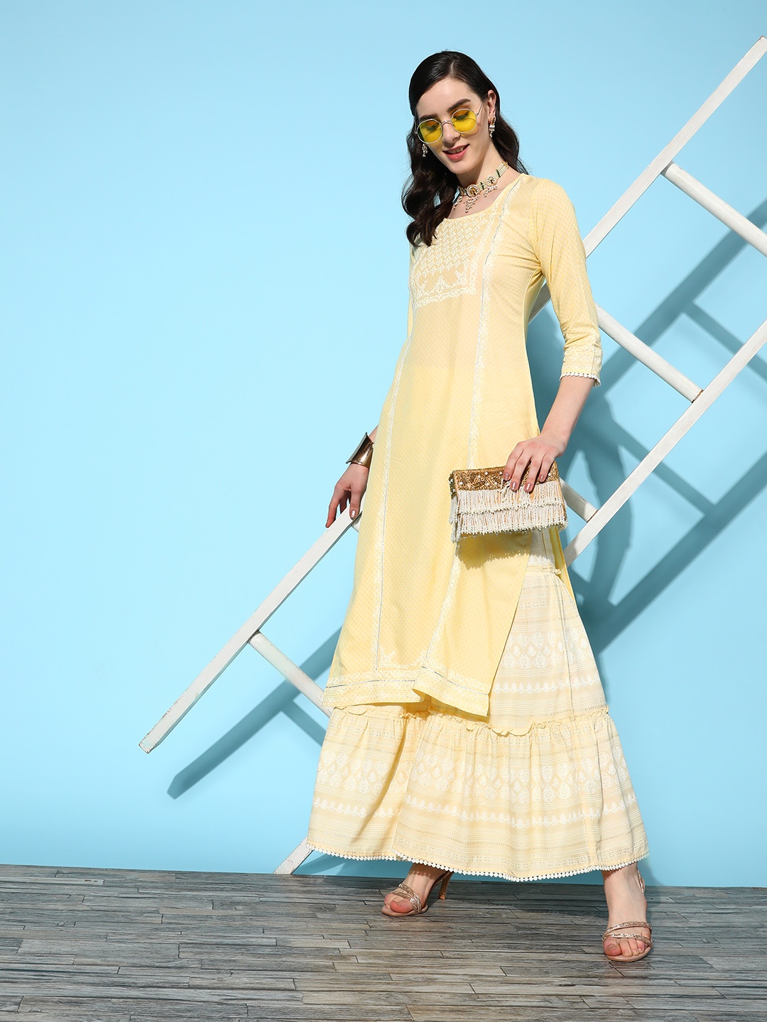 

Juniper Women Ethnic Motifs Printed Gotta Patti Kurta With Sharara, Yellow