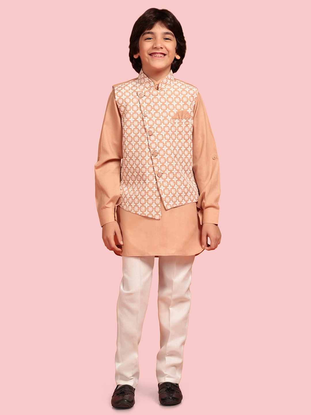 

Aj DEZInES Boys Solid Pure Cotton Kurta with Trousers & Waistcoat, Peach