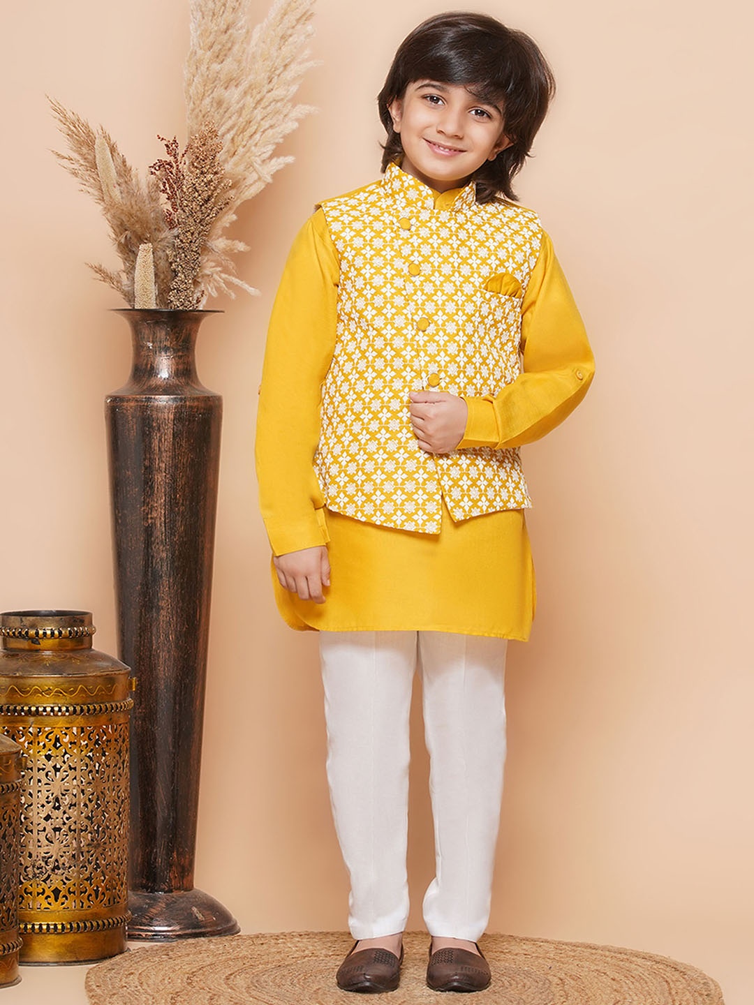 

Aj DEZInES Boys Solid Pure Cotton Kurta with Trousers & Waistcoat, Mustard