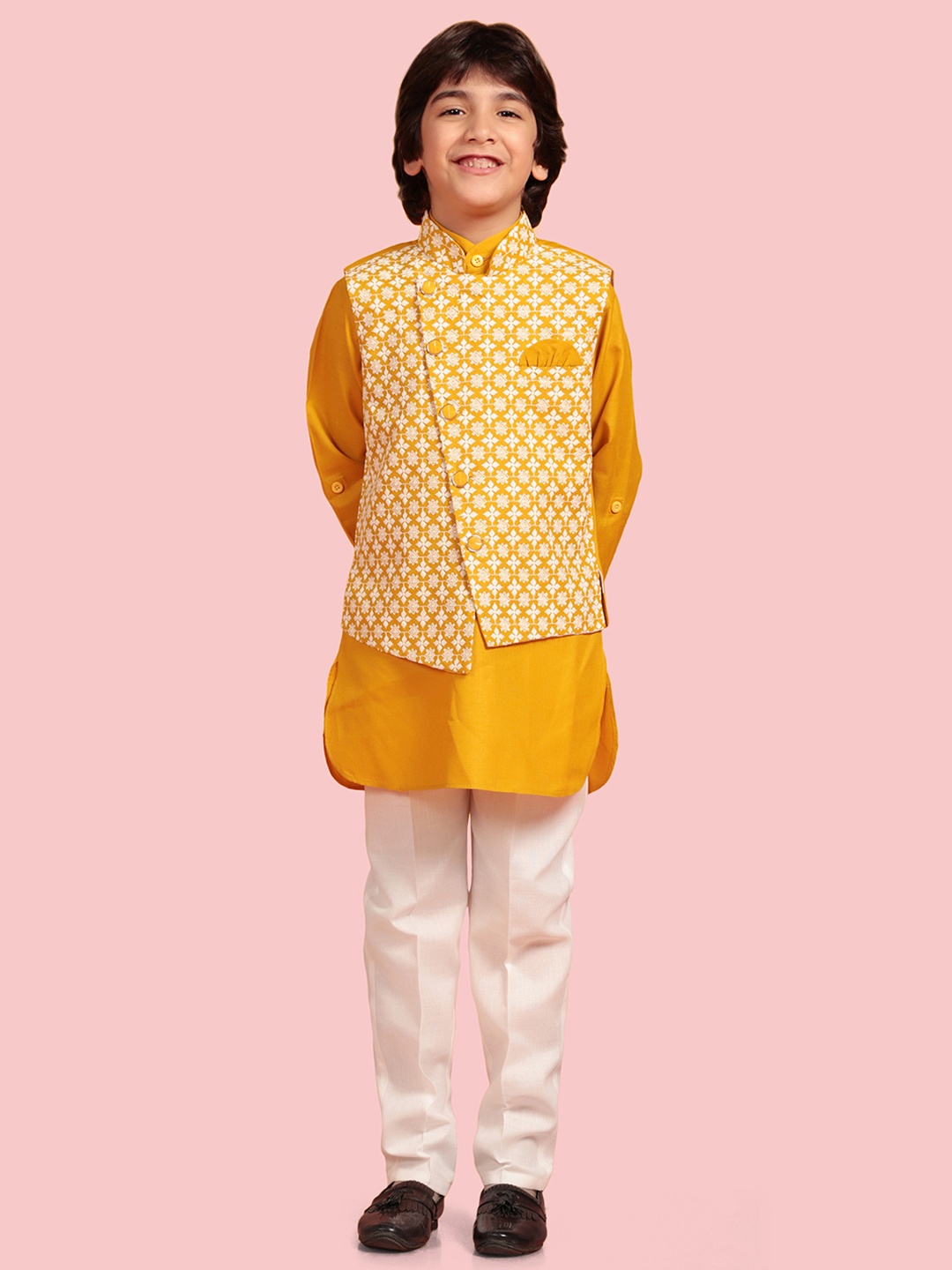 

Aj DEZInES Boys Solid Pure Cotton Kurta with Trousers & Waistcoat, Mustard