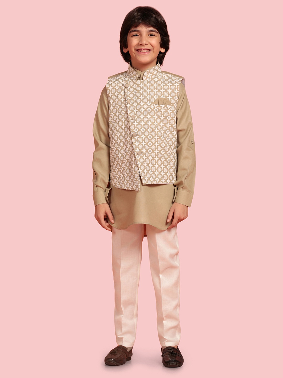 

Aj DEZInES Boys Solid Pure Cotton Kurta with Trousers & Waistcoat, Beige