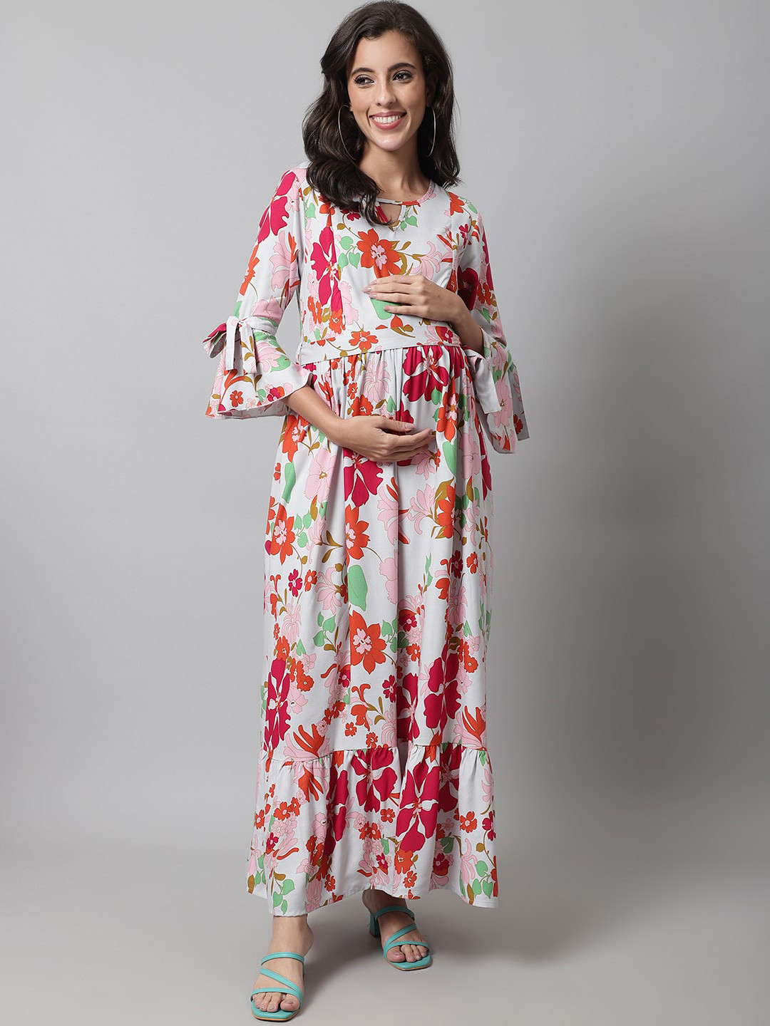 

Frempy Floral Keyhole Neck Maternity Maxi Dress, Grey