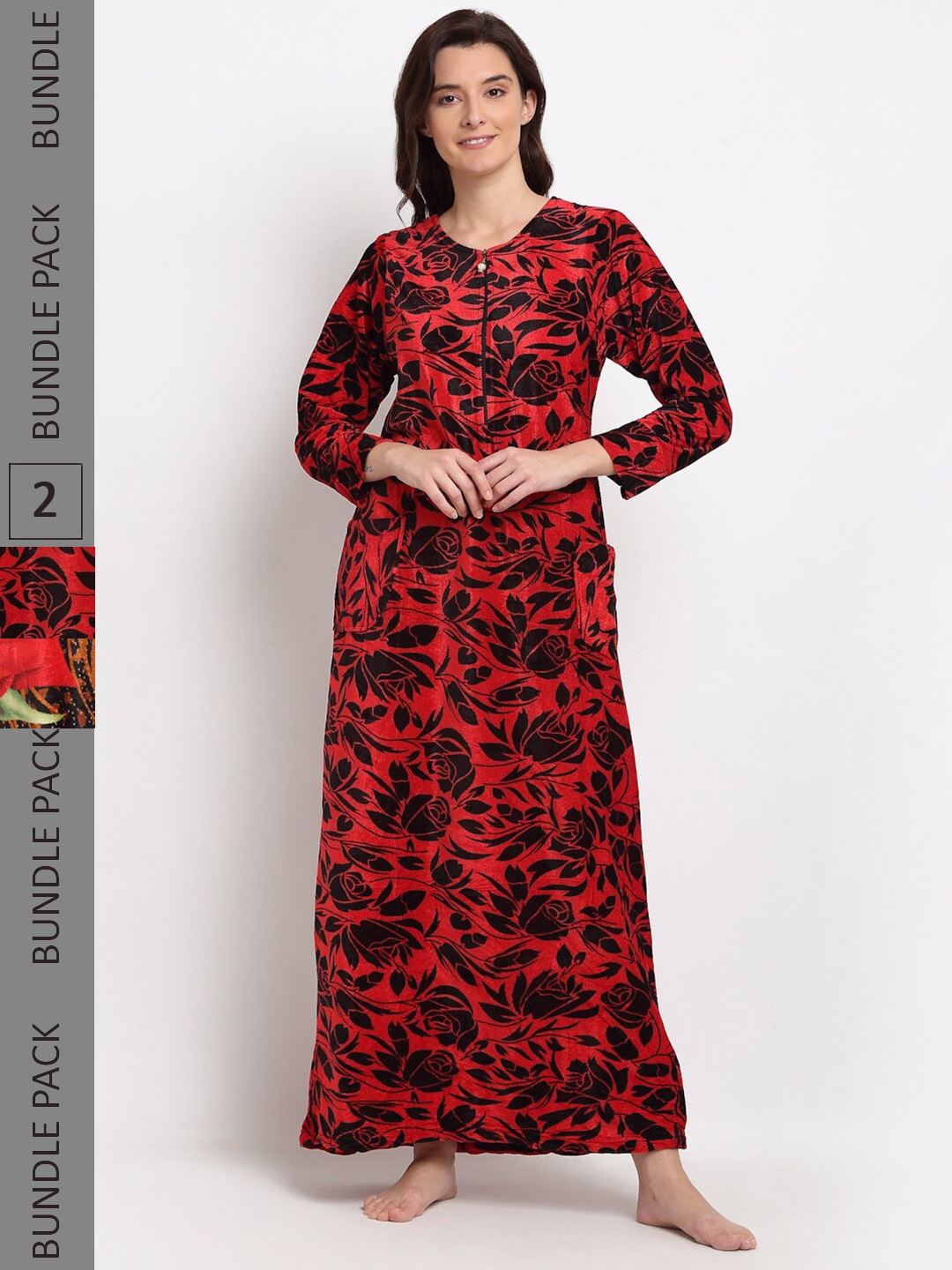 

GRACIT Women Pack Of 2 Printed Maxi Nightdress, Red
