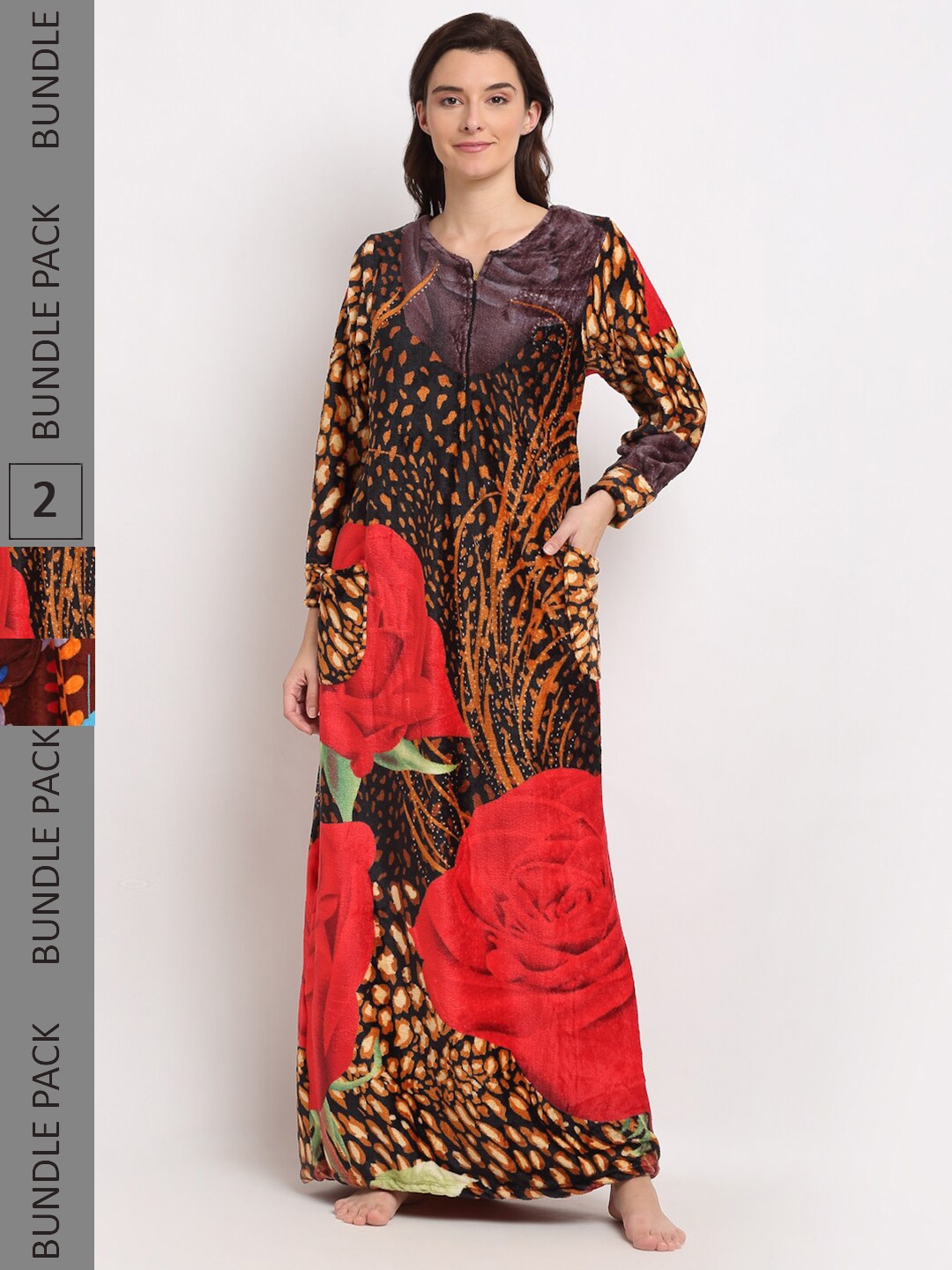 

GRACIT Pack of 2 Printed Fleece Maxi Nightdress, Red