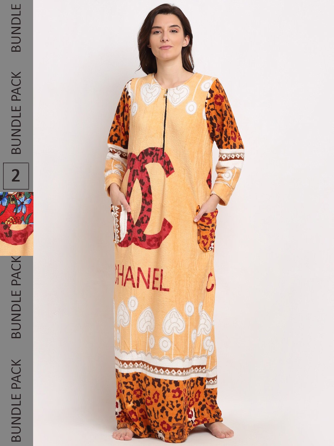 

GRACIT Women Pack Of 2 Printed Maxi Nightdress, Yellow