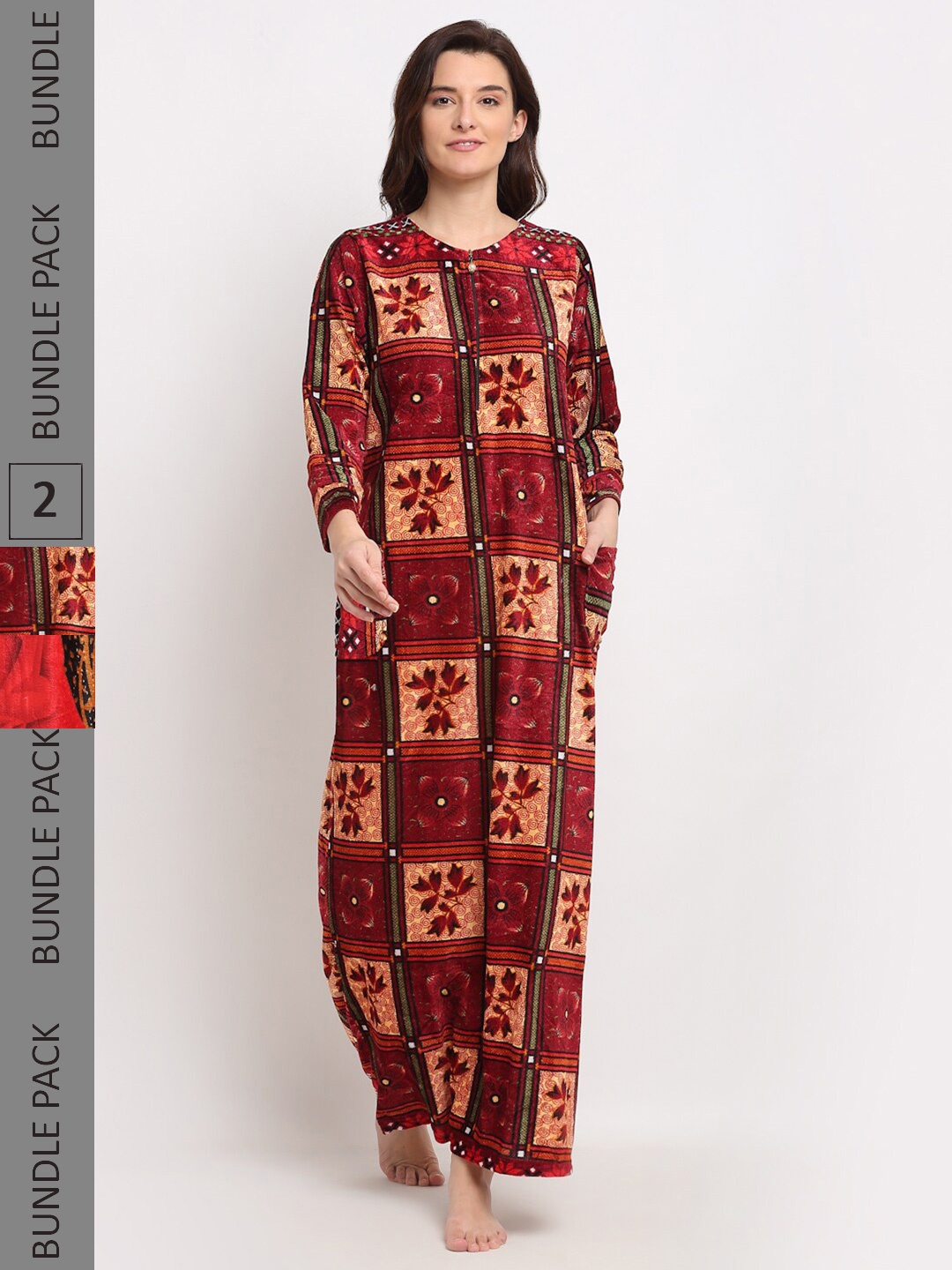 

GRACIT Pack of 2 Printed Fleece Maxi Nightdress, Red