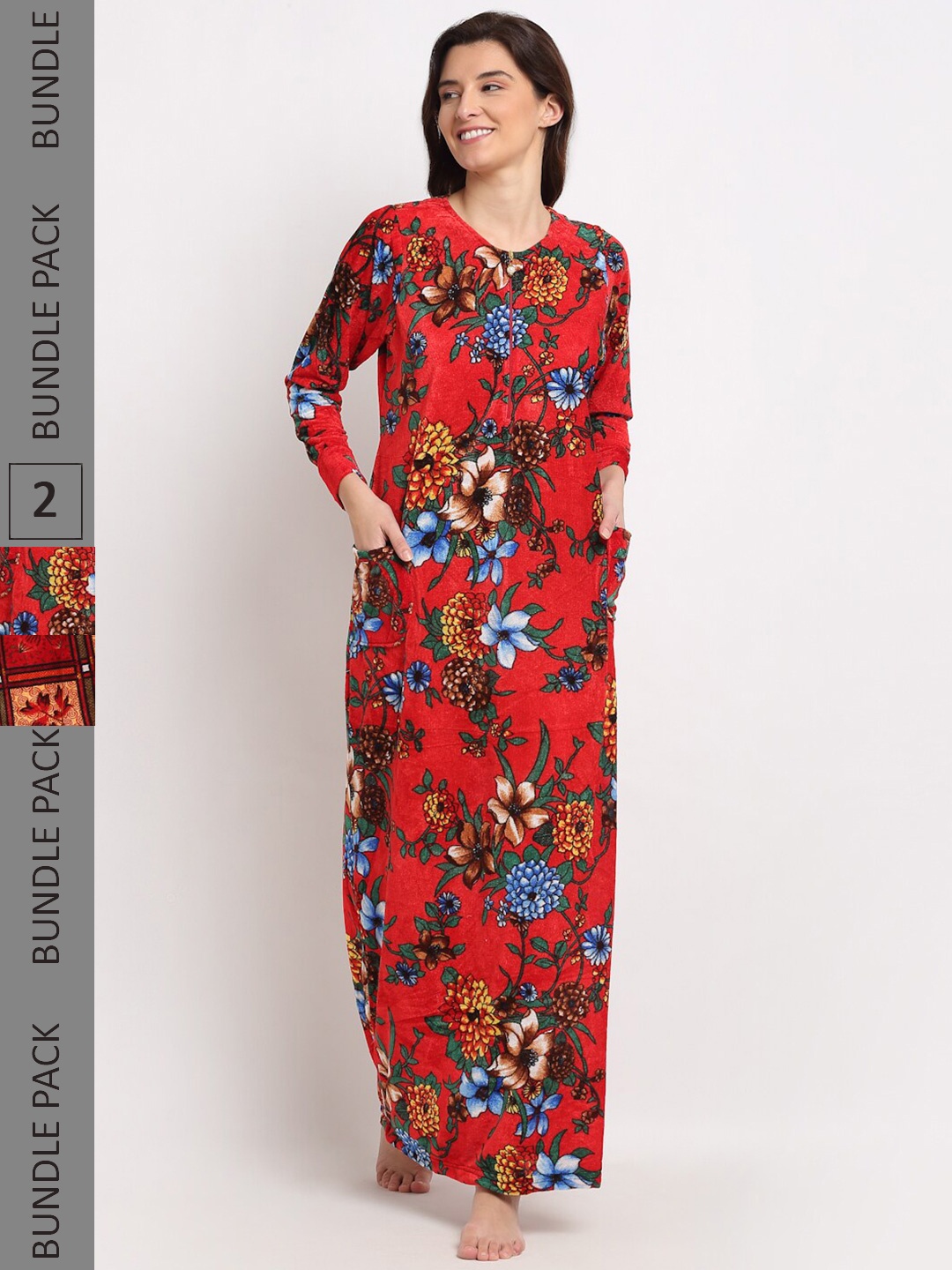 

GRACIT Pack of 2 Printed Fleece Maxi Nightdress, Red