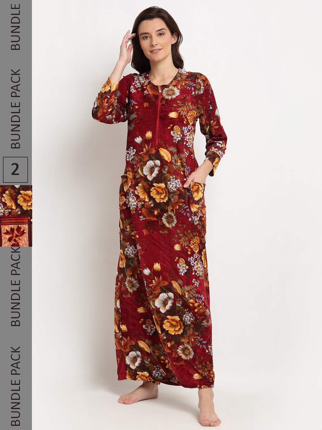 

GRACIT Women Pack Of 2 Floral Printed Fleece Maxi Nightdress, Maroon