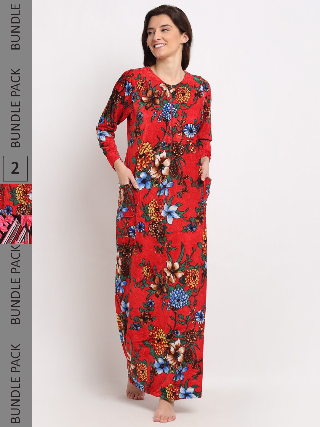 

GRACIT Pack Of 2 Floral Printed Maxi Nightdress, Red