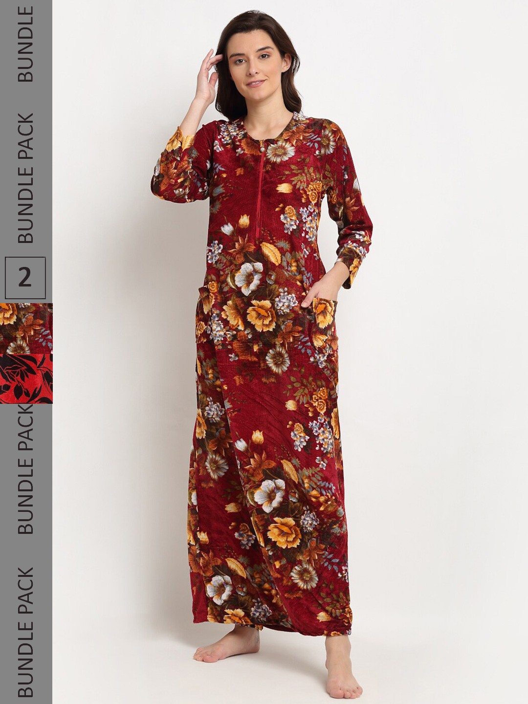 

GRACIT Pack Of 2 Printed Maxi Fleece Nightdress, Red
