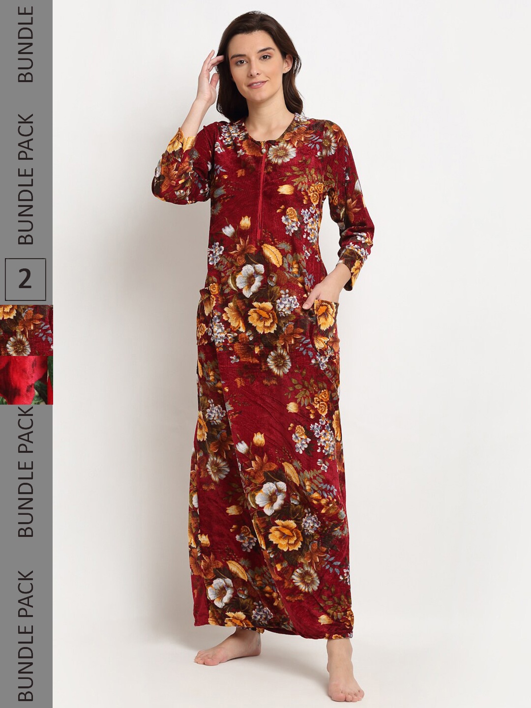 

GRACIT Pack Of 2 Fleece Printed Maxi Nightdress, Maroon