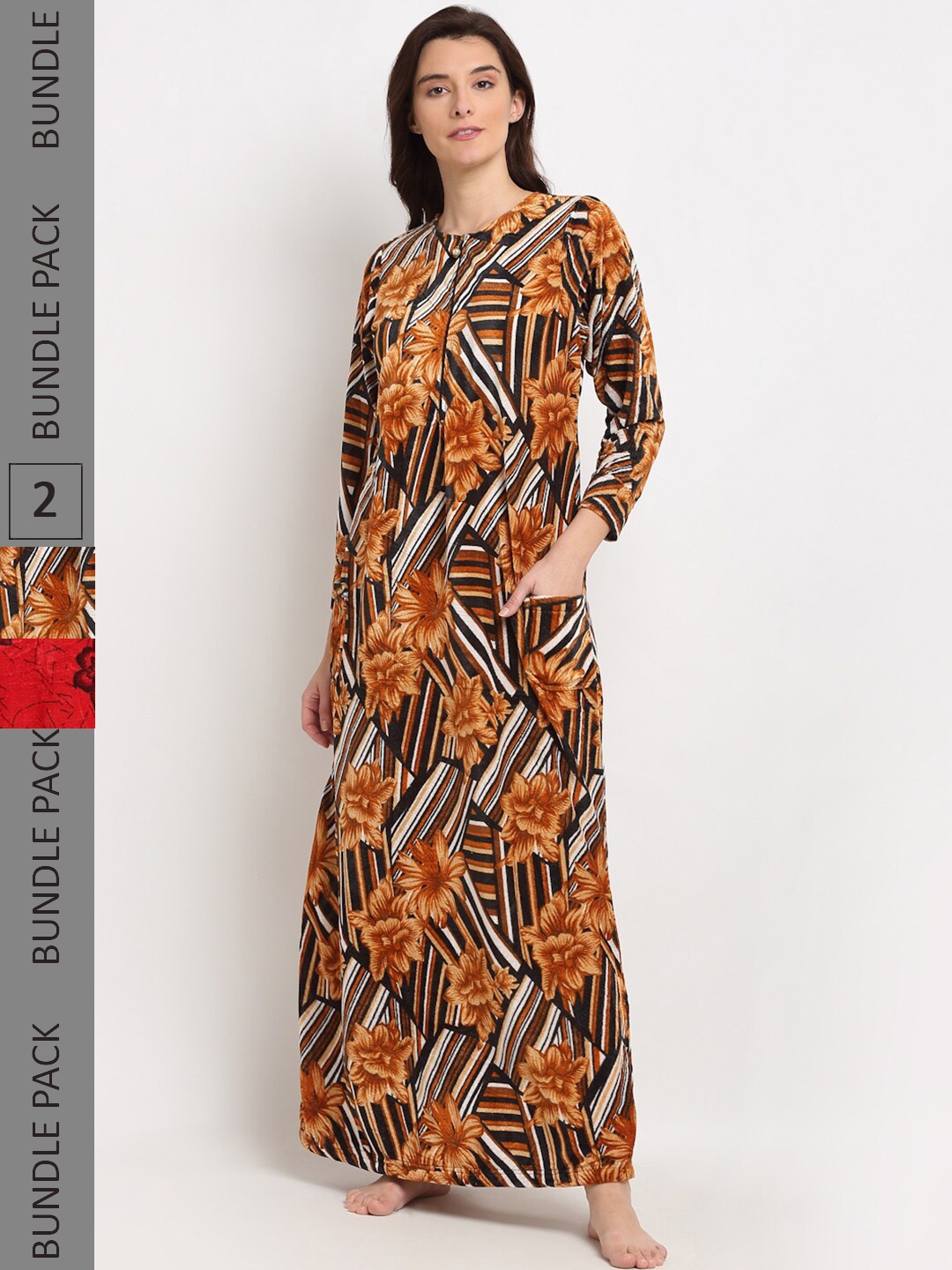 

GRACIT Women Pack Of 2 Floral Printed Maxi Nightdress, Maroon