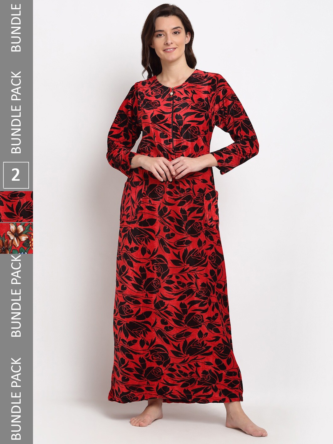 

GRACIT Pack of 2 Printed Woolen Maxi Nightdress, Red