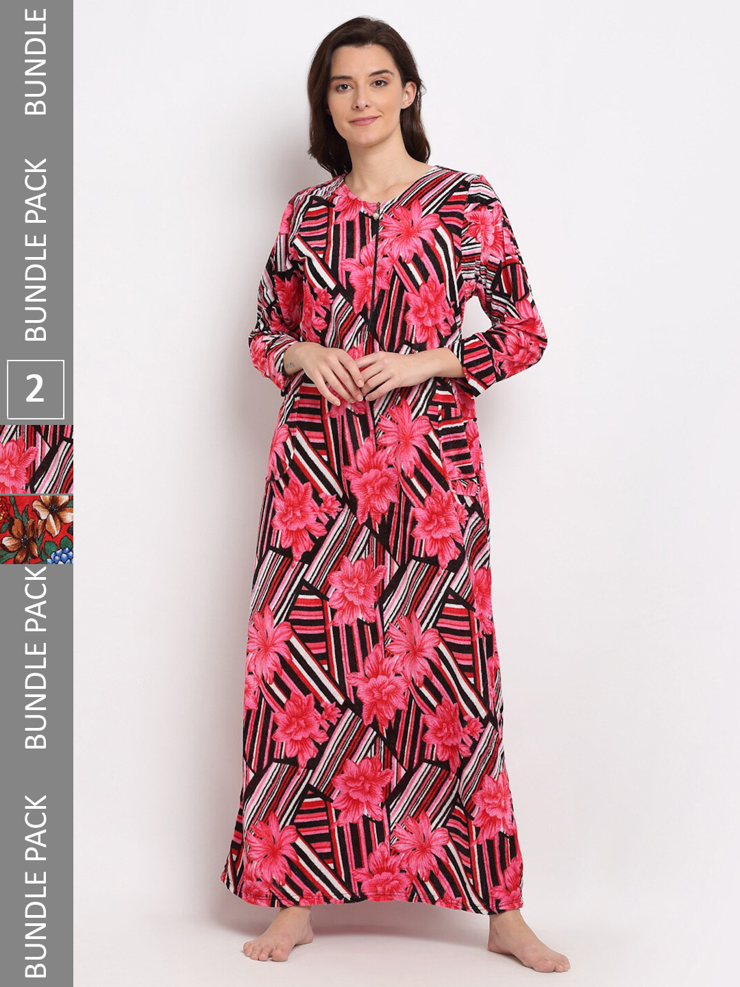 

GRACIT Women Pack Of 2 Printed Maxi Nightdress, Pink