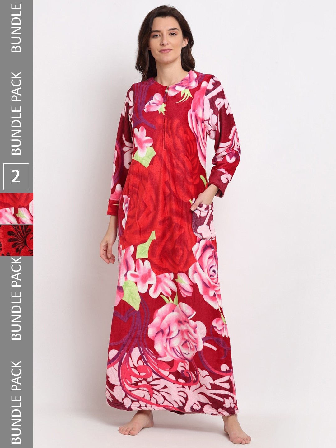 

GRACIT Pack Of 2 Printed Fleece Maxi Nightdress, Red