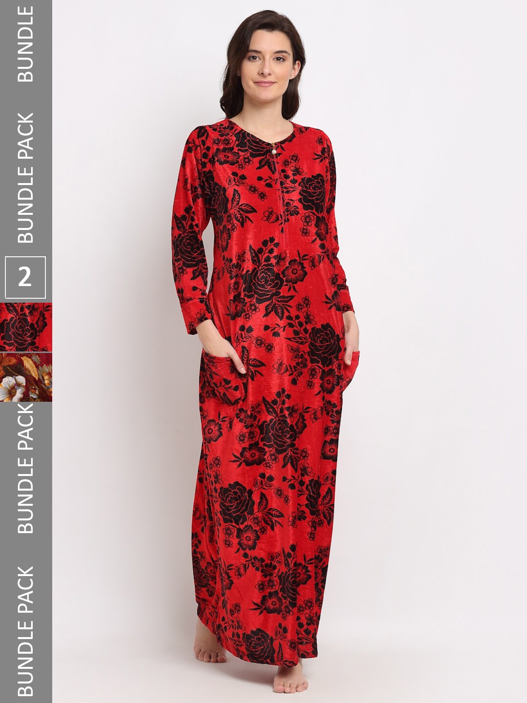 

GRACIT Pack of 2 Printed Fleece Maxi Nightdress, Red