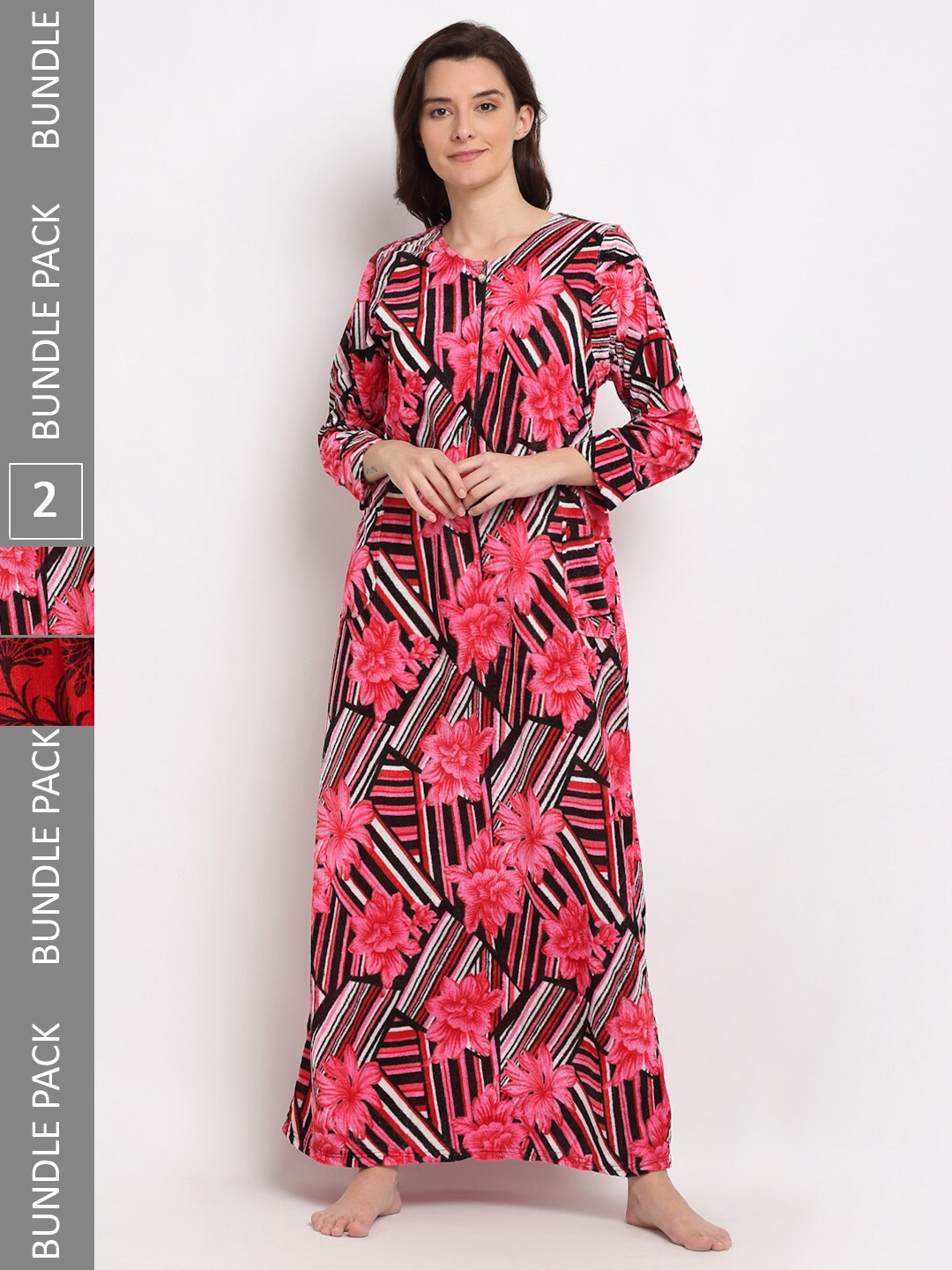 

GRACIT Women Pack Of 2 Printed Maxi Nightdress, Pink