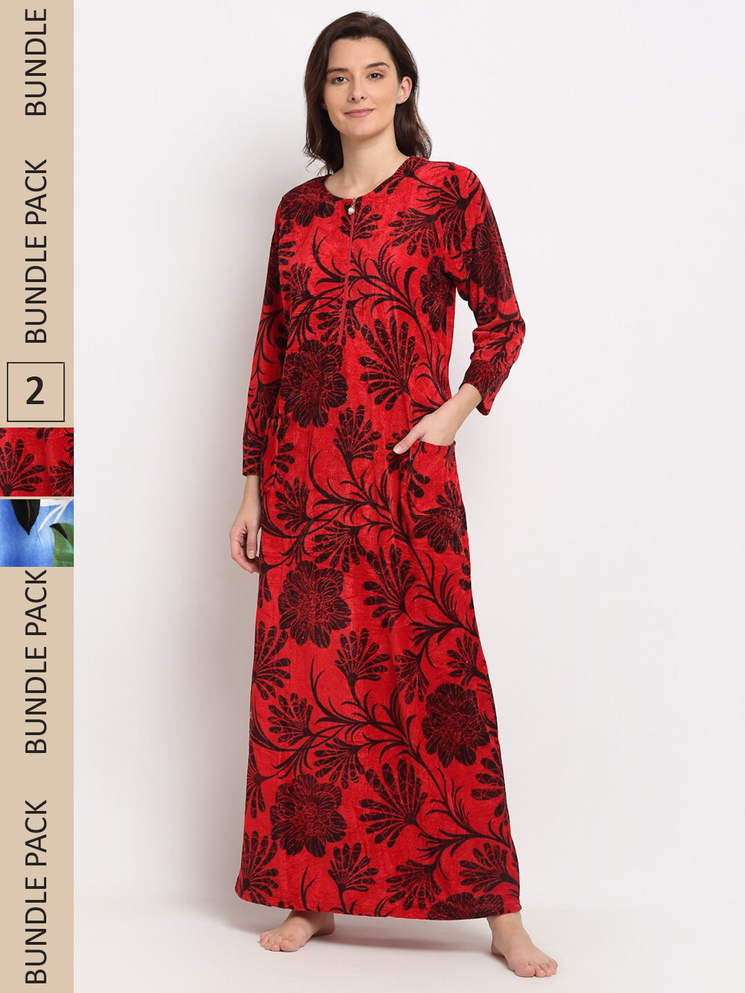 

GRACIT Pack of 2 Printed Fleece Maxi Nightdress, Red