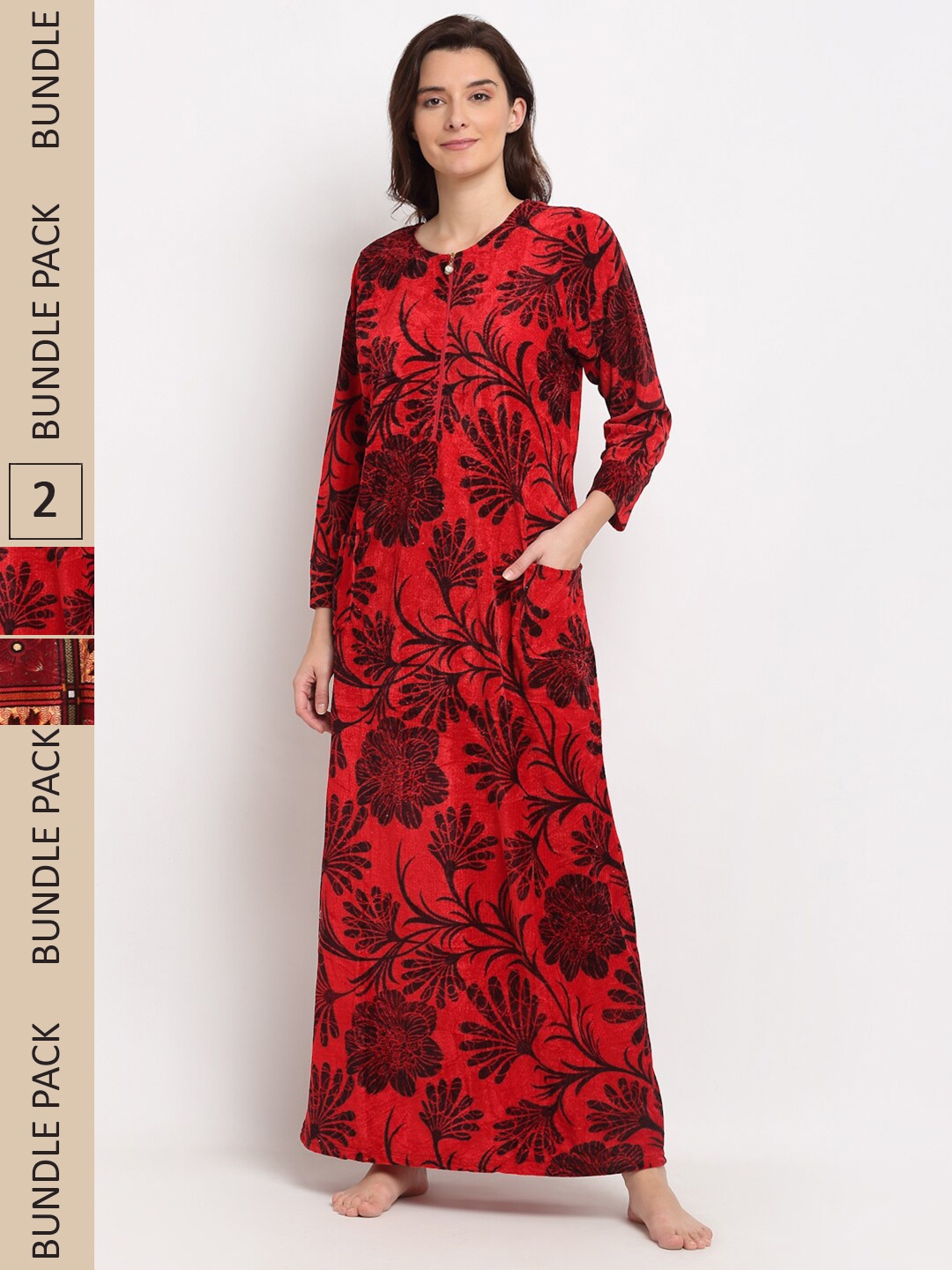 

GRACIT Pack Of 2 Fleece Printed Maxi Nightdress, Red