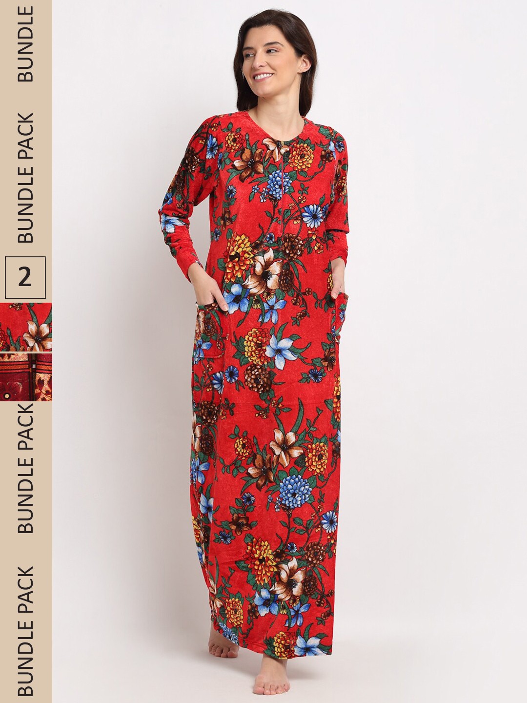 

GRACIT Women Pack Of 2 Printed Maxi Nightdress, Red