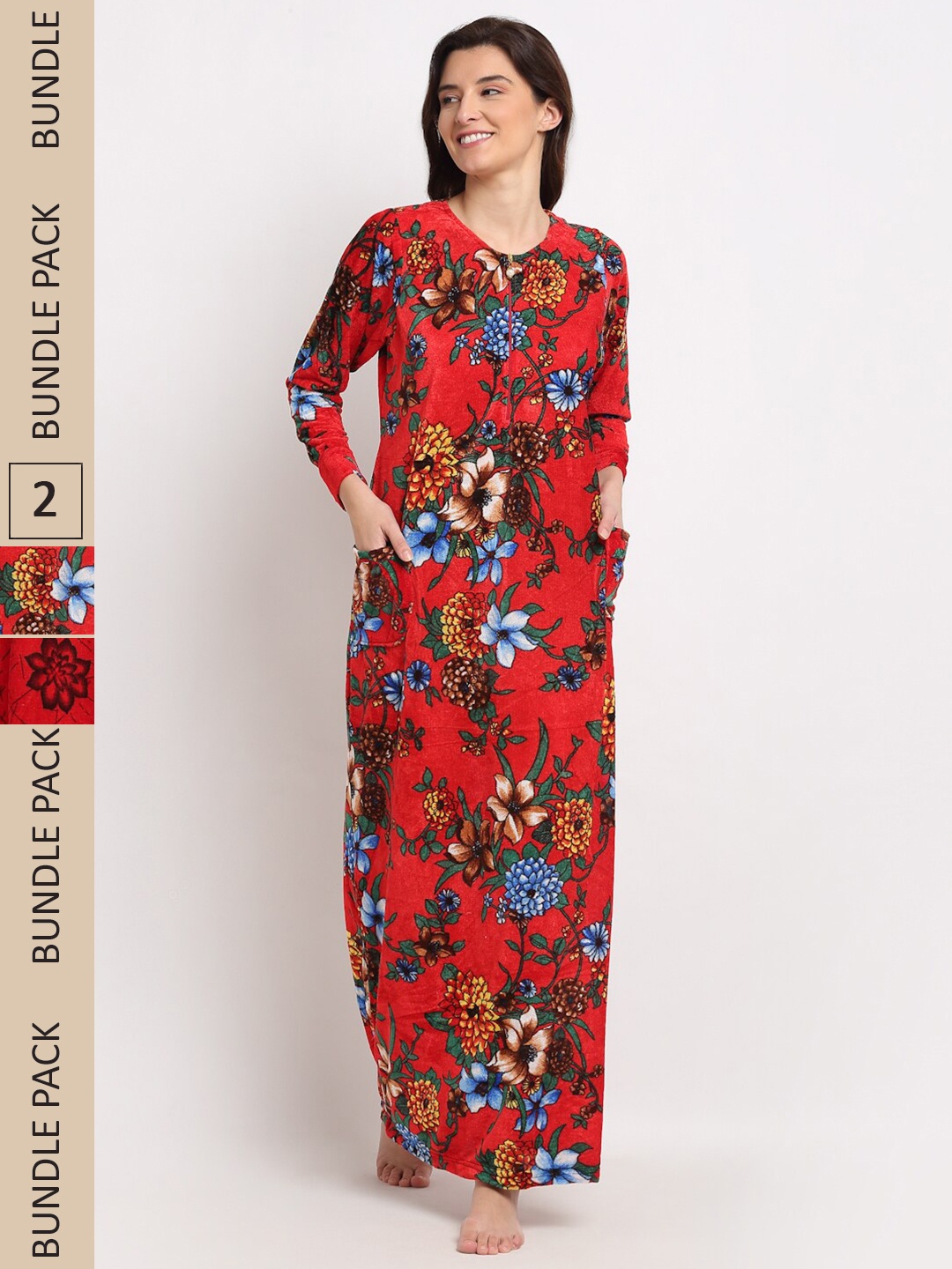 

GRACIT Women Pack Of 2 Printed Maxi Nightdress, Red